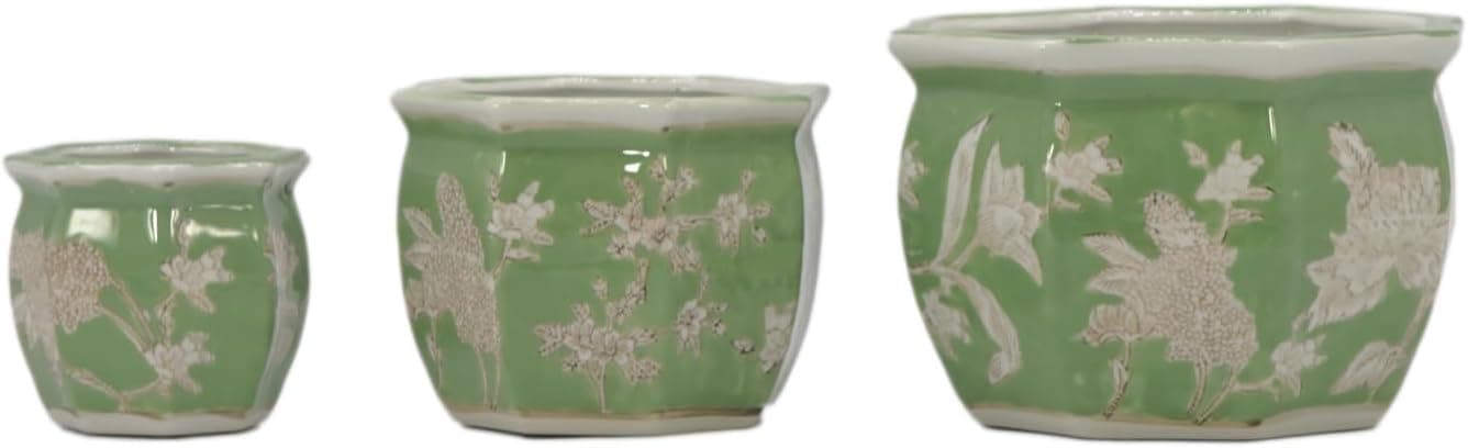 Galt International Green &amp; White Floral Porcelain Ceramic Decorative Flower Pot 8"/6"/4.5" Garden Pots Chinese Asian Design - Set of 3 Green Fluted : Patio, Lawn &amp; Garden thumbnail 4