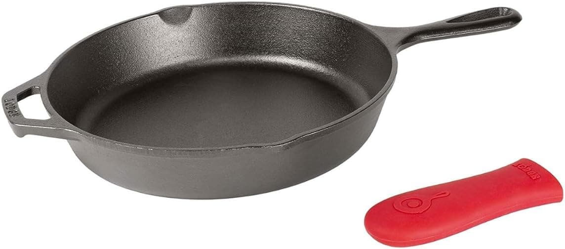 Lodge Cast Iron Skillet with Red Silicone Hot Handle Holder, 10.25-inch: Home &amp; Kitchen image 1