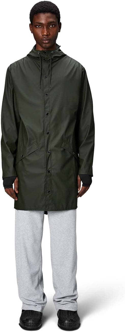 RAINS Long Jacket - Green Waterproof Windproof Lightweight Breathable Raincoat for Men and Women - Breathable, Lightweight, Durable, Adjustable Hood - 2 Year Warranty image 1