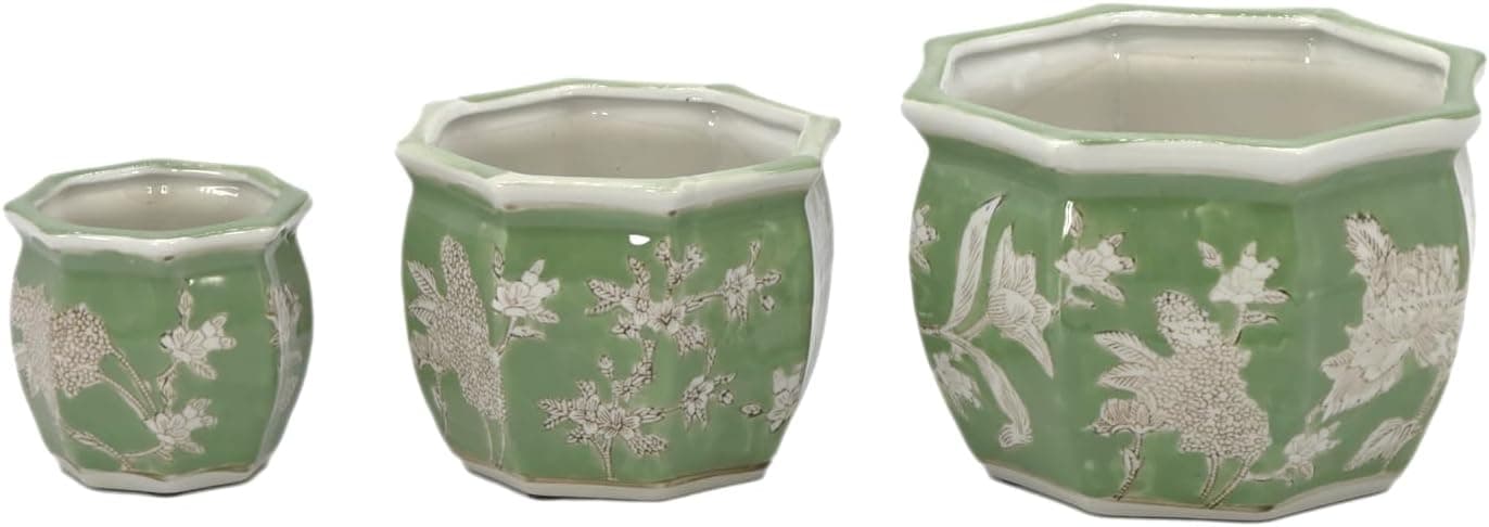 Galt International Green &amp; White Floral Porcelain Ceramic Decorative Flower Pot 8"/6"/4.5" Garden Pots Chinese Asian Design - Set of 3 Green Fluted : Patio, Lawn &amp; Garden thumbnail 3