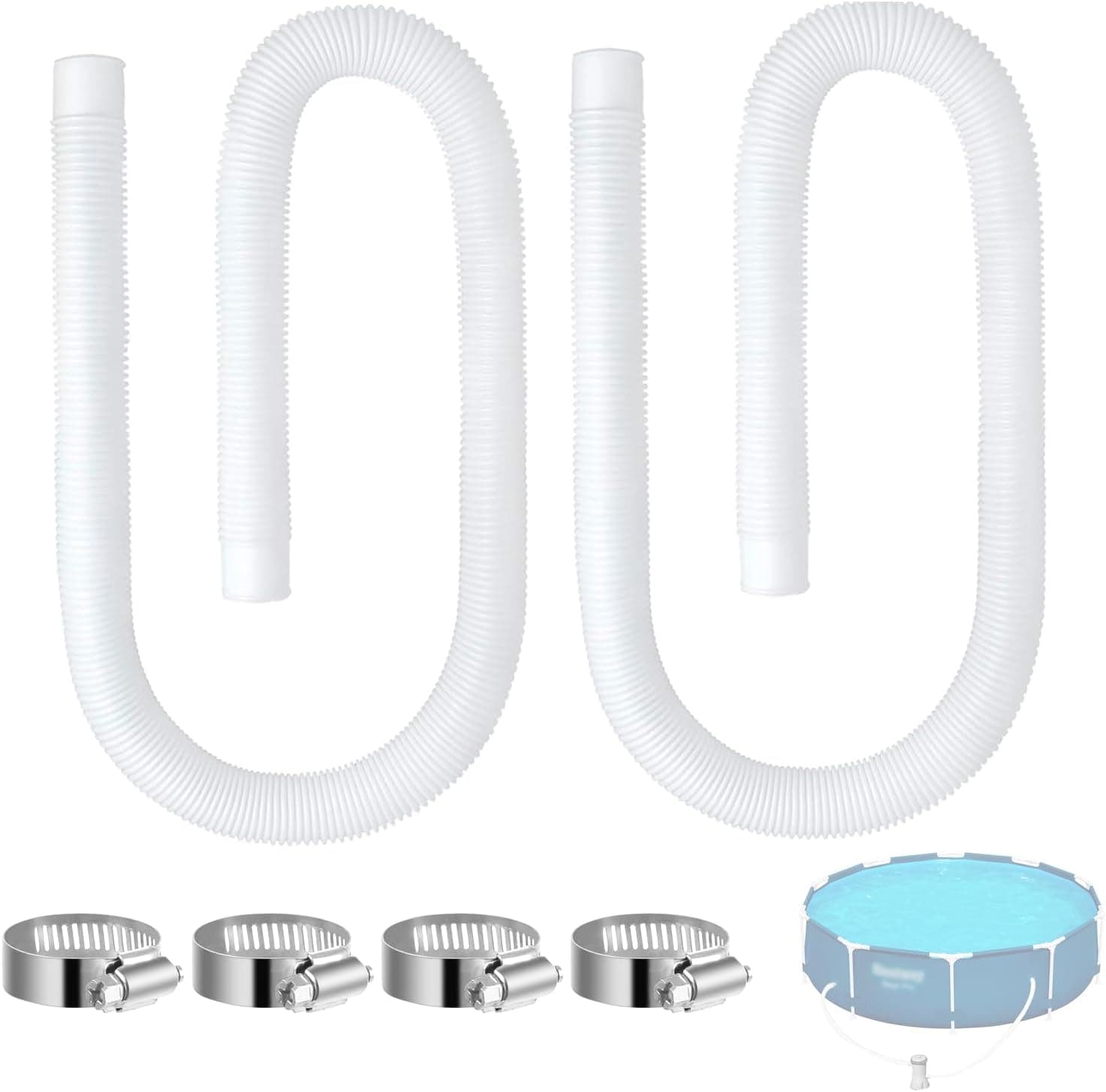 Pool Hose Compatible with Bestway Above Ground Pools, Pool Filter Hose Replacement, 1.25 x 59 Inch Pump Hoses, Compatible with Intex Pump Models 607, 637, 2 Pack 1 1/4 Hoses with 4 Metal Clamps : Patio, Lawn &amp; Garden image 1