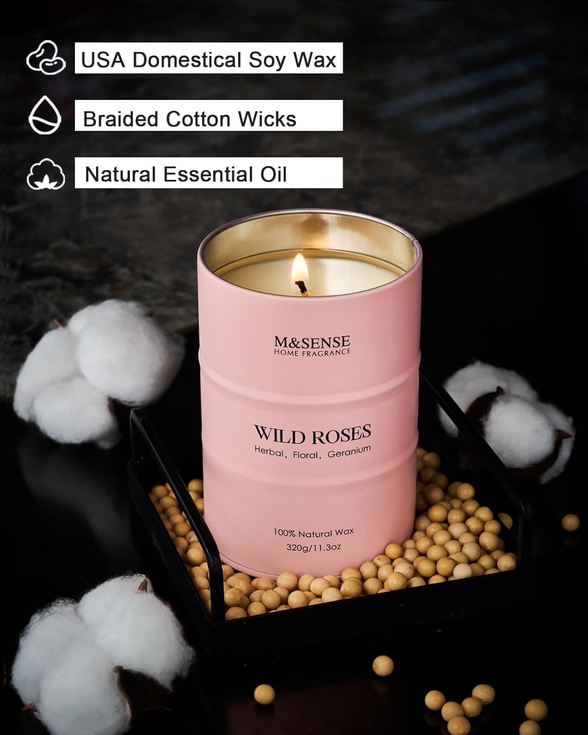 M&amp;SENSE Wild Rose Natural Scented Candle, 70 Hours Long Lasting Soy Candles 11.3oz, Stress Relief Aromatherapy Candles for Women, Romantic Candle Gifts Valentines Day Gifts for Her : Health &amp; Household thumbnail 4