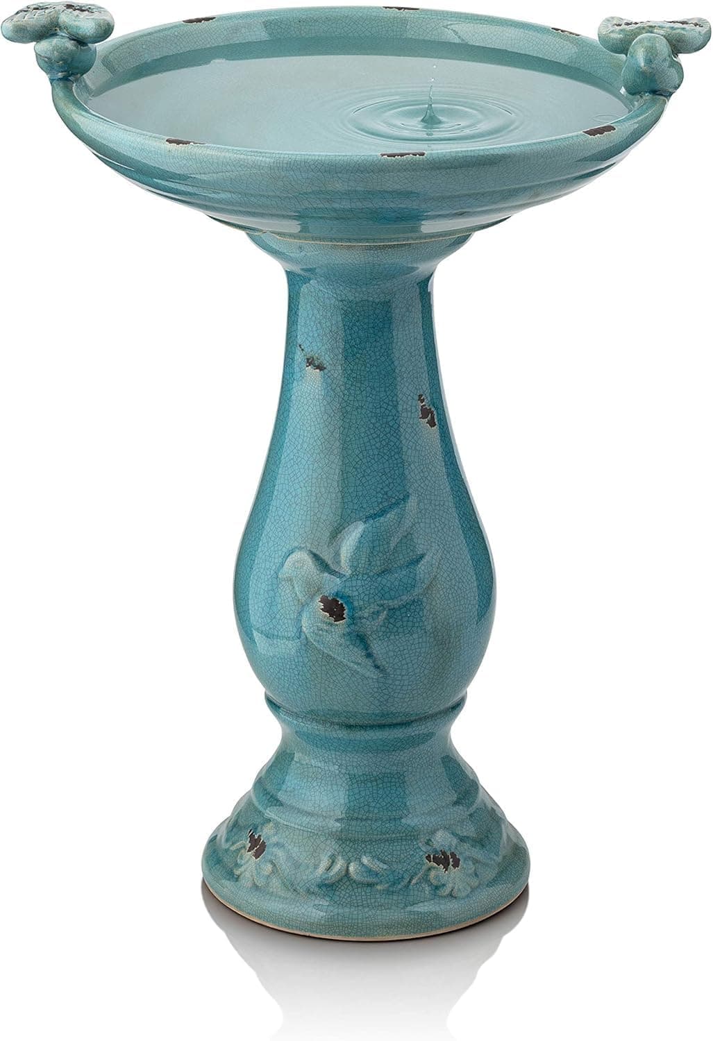 Alpine Corporation 25" Tall Outdoor Ceramic Antique Pedestal Birdbath with 2 Bird Figurines, Turquoise image 1