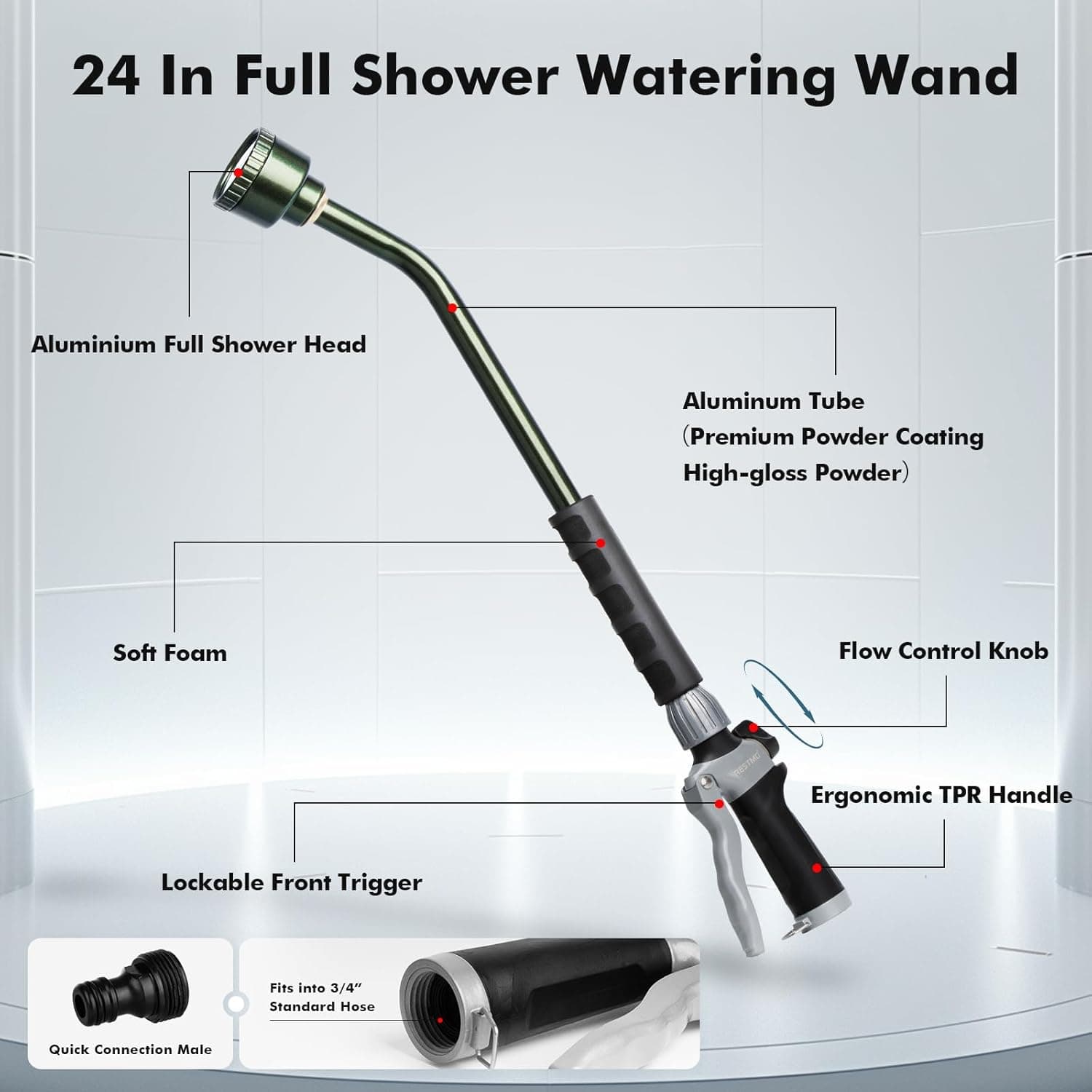 RESTMO Long Watering Wand, 24 Inches Gentle Soft Full Shower Sprayer Wand with Flow Control, Heavy Duty Metal Hose Wand for Hanging Baskets, Shrubs, Plants, Flowers, Garden and Lawn, Green : Patio, Lawn &amp; Garden thumbnail 2