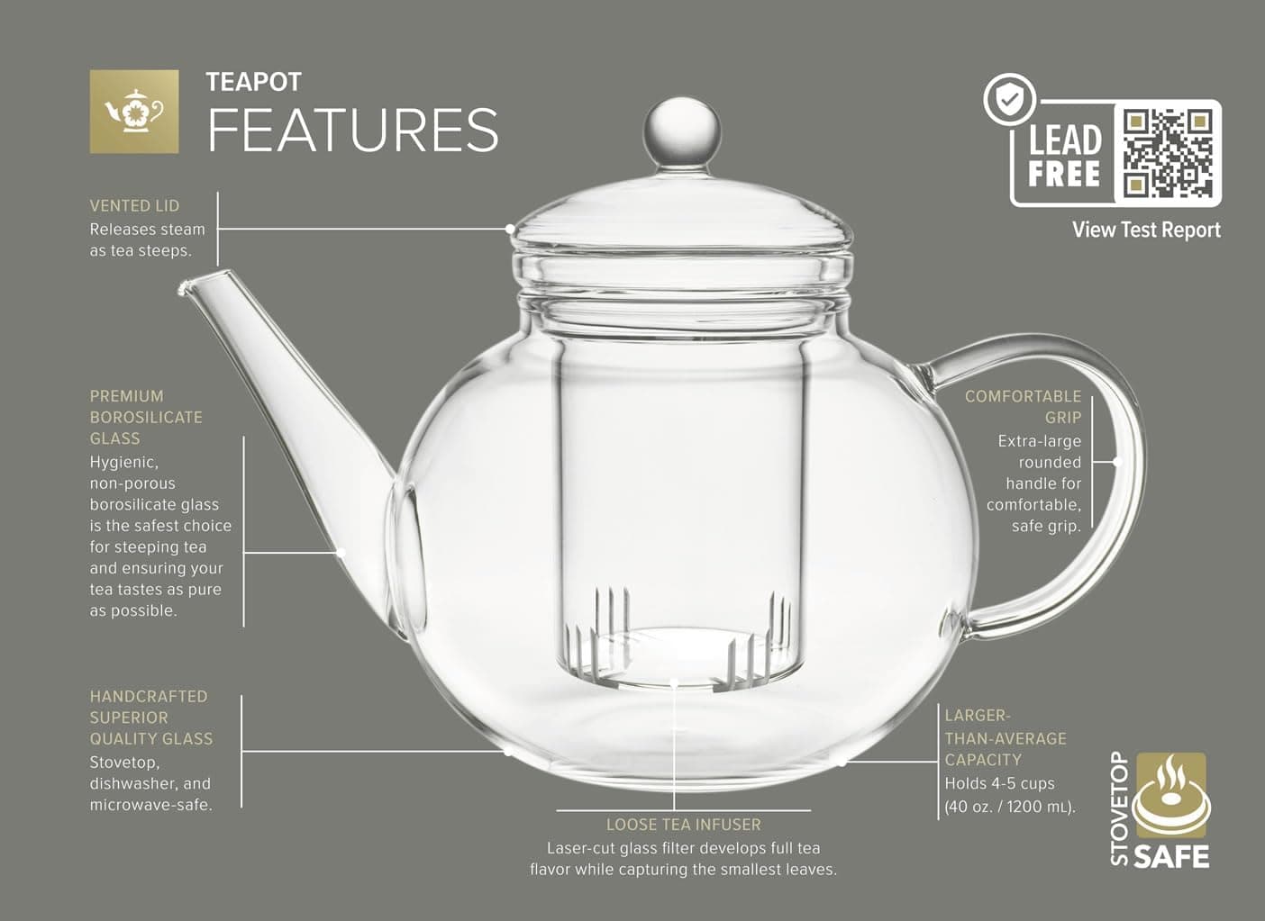 Teabloom Stovetop &amp; Microwave Safe Glass Teapot with Removable Loose Tea Glass Infuser – Includes 2 Blooming Teas – 2-in-1 Tea Kettle and Tea Maker – Tea Purist thumbnail 4