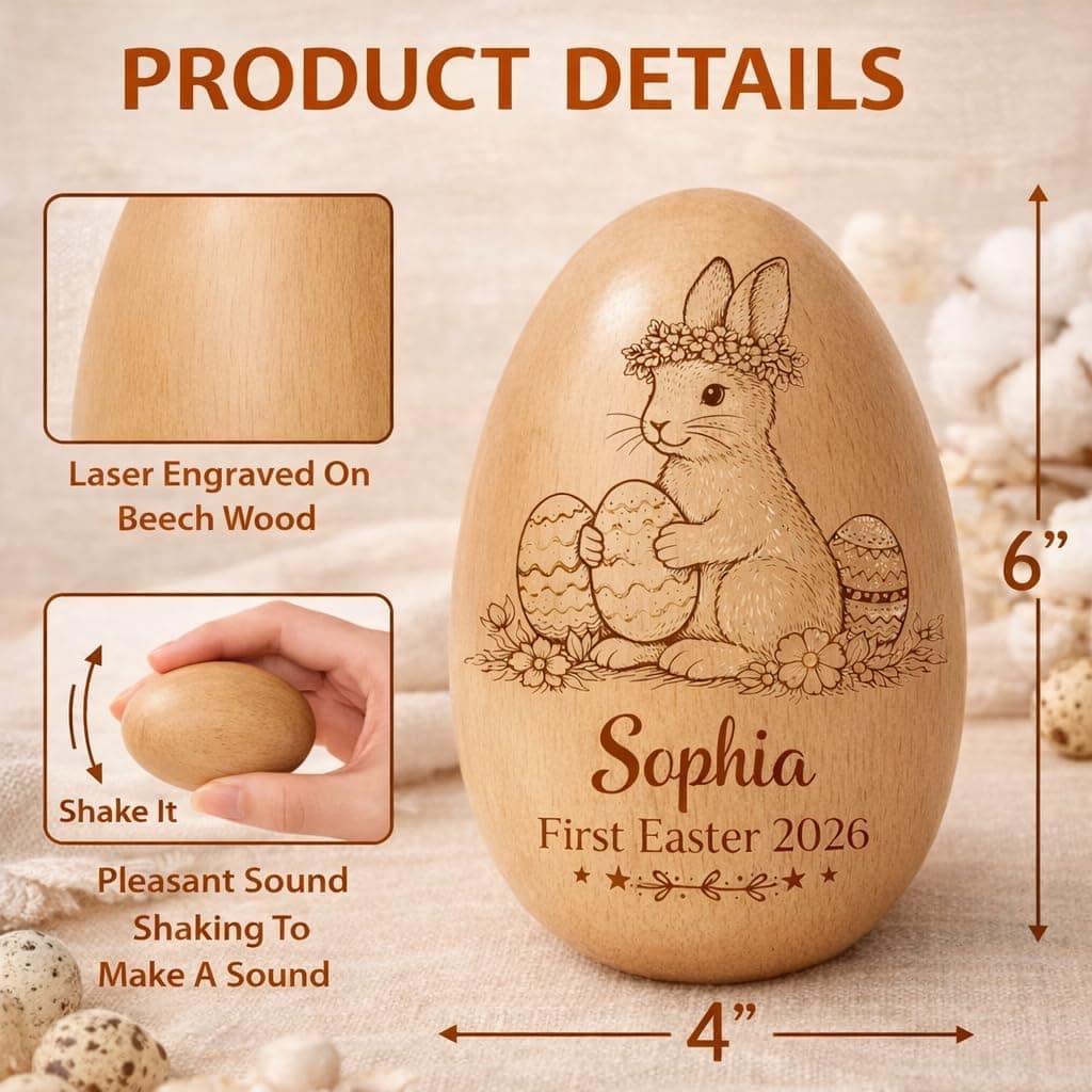 Personalized Wooden Egg with Bunny Ears - First Easter Keepsake thumbnail 4