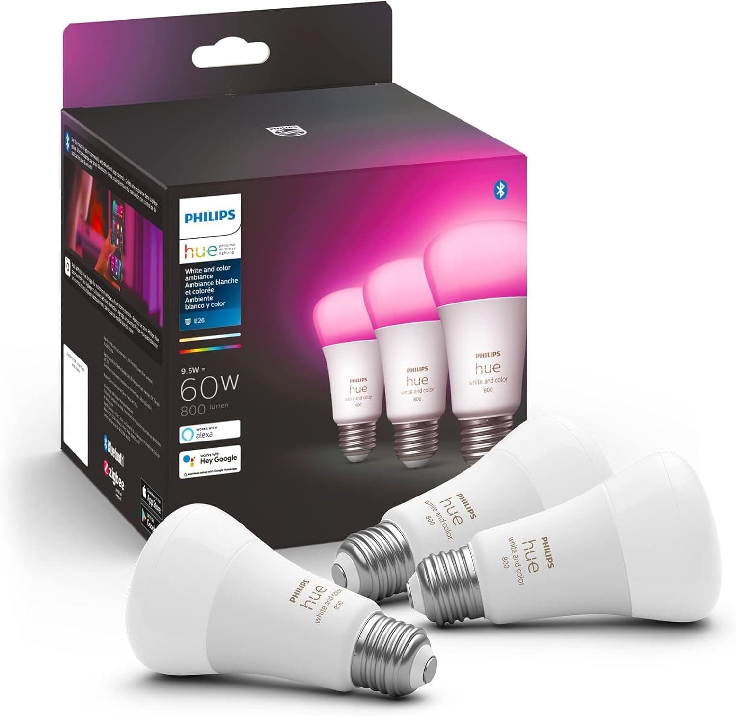 Philips Hue A19 LED Smart Light Bulb - White and Color Ambiance - 60W Indoor Light Bulb - Control with Hue App - Works with Alexa, Google Assistant and Apple Homekit - 3 Pack - Amazon.com image 1