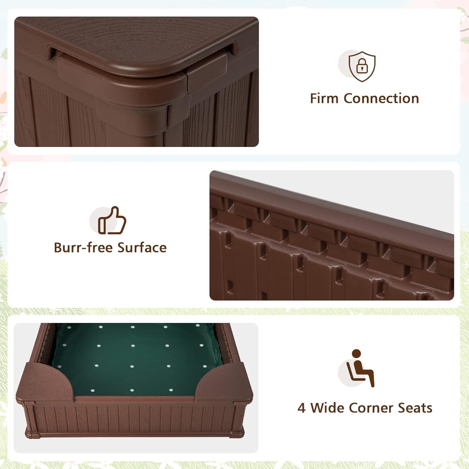 Costzon Kids Sandbox with Cover, 4ft x 4ft HDPE Sandpit with Oxford Cover, Bottom Liner, 4 Corner Seats, Weather Resistant Outdoor Sand Pit for Backyard Lawn Garden Beach (Dark Brown) : Toys &amp; Games thumbnail 4