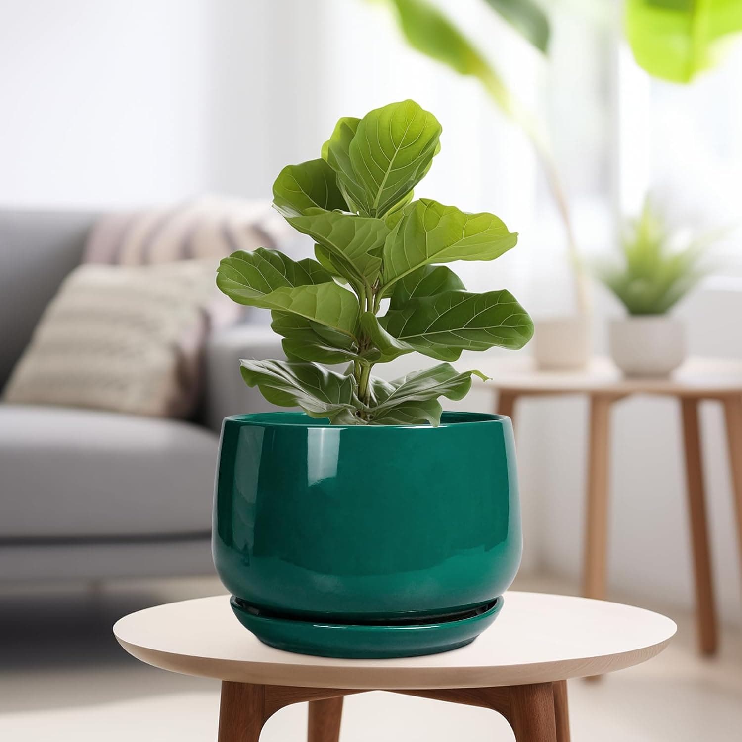 G EPGardening Ceramic Pots for Plants - 9 Inch Ceramic Planter for Indoor Plants, Round Planter with Drainage and Saucer, Modern Flower Pots for Outdoor, House Decor, Garden Gifts, Green : Everything Else thumbnail 4