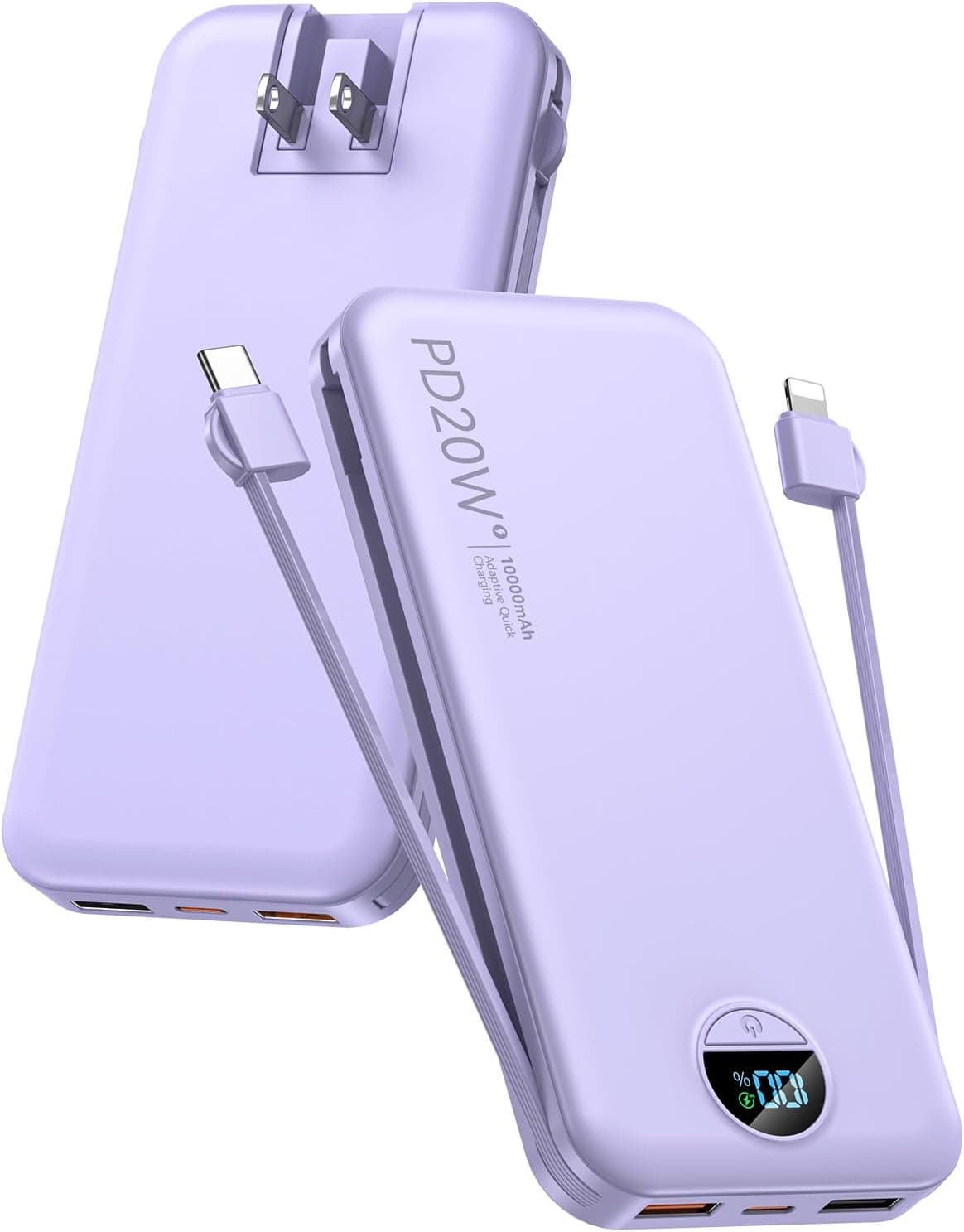 Portable Charger, 10000mAh PD20W USB C Fast Charging Power Bank with Built-in Cables and AC Wall Plug, Smart LED Display Travel Essentials Battery Pack Compatible with iPhone, iPad, Samsung etc Purple : Cell Phones &amp; Accessories — Spring Gift Ideas gift idea