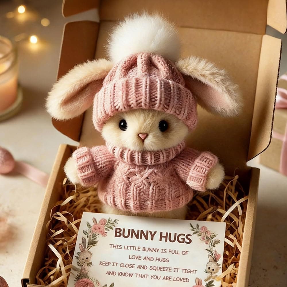 muxou Handmade Mini Bunny Hug,2026 Easter Gift in a Box Hugs Positive Rabbit Soft Floppy Ideas Bunnies Basket Stuffers Emotional Support Inspirational (Pink) : Home &amp; Kitchen image 1