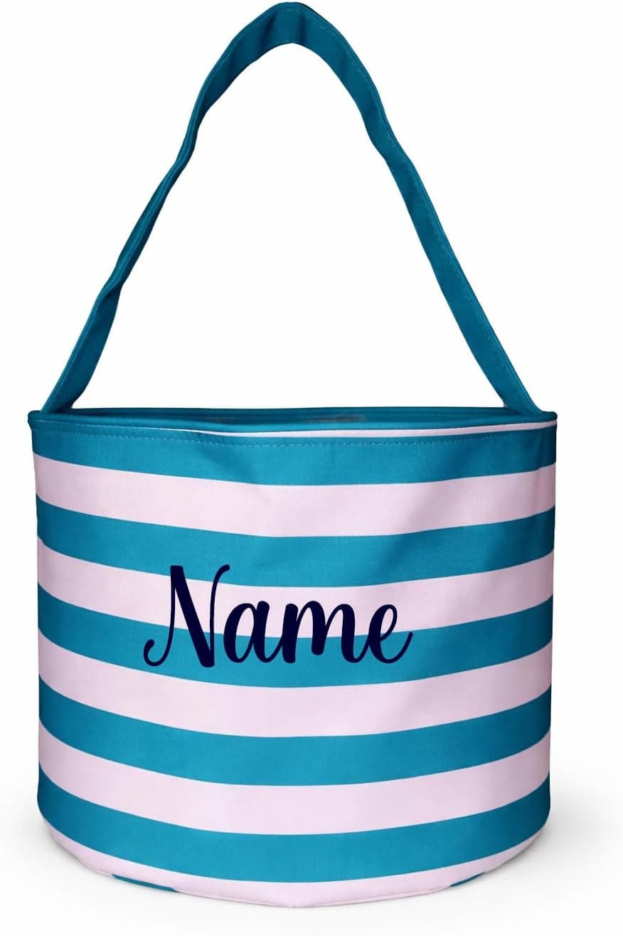 101 BEACH Personalized with Embroidered Name Fun Print Easter Basket Bucket Tote Bag Polyester Canvas (Turquoise Stripe) : Clothing, Shoes &amp; Jewelry image 1