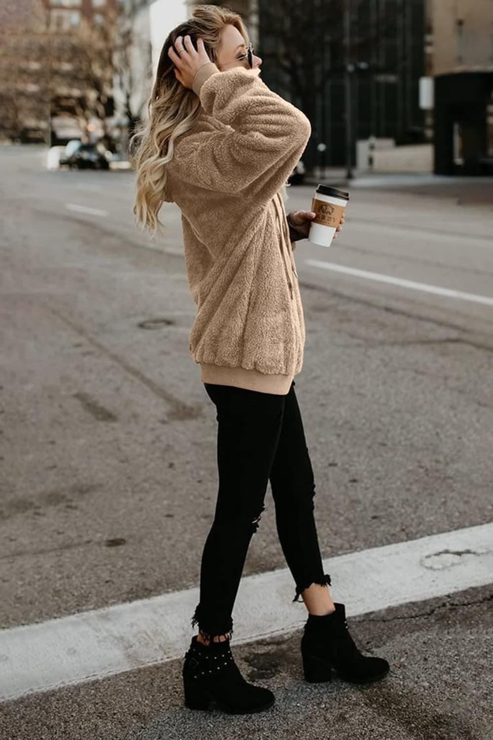 ReachMe Womens Oversized Sherpa Pullover Hoodie with Pockets Fuzzy Fleece Sweatshirt Plaid Fluffy Jacket Coat(A Khaki,L) : Clothing, Shoes &amp; Jewelry thumbnail 3