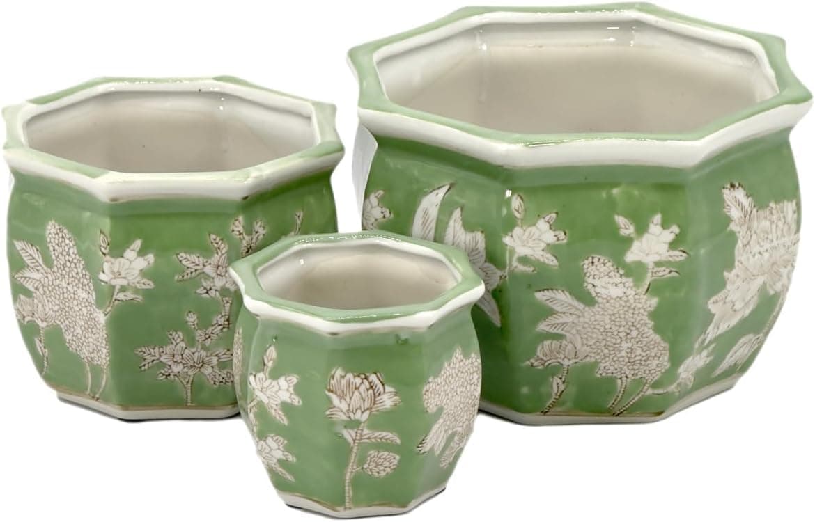 Galt International Green &amp; White Floral Porcelain Ceramic Decorative Flower Pot 8"/6"/4.5" Garden Pots Chinese Asian Design - Set of 3 Green Fluted : Patio, Lawn &amp; Garden image 1