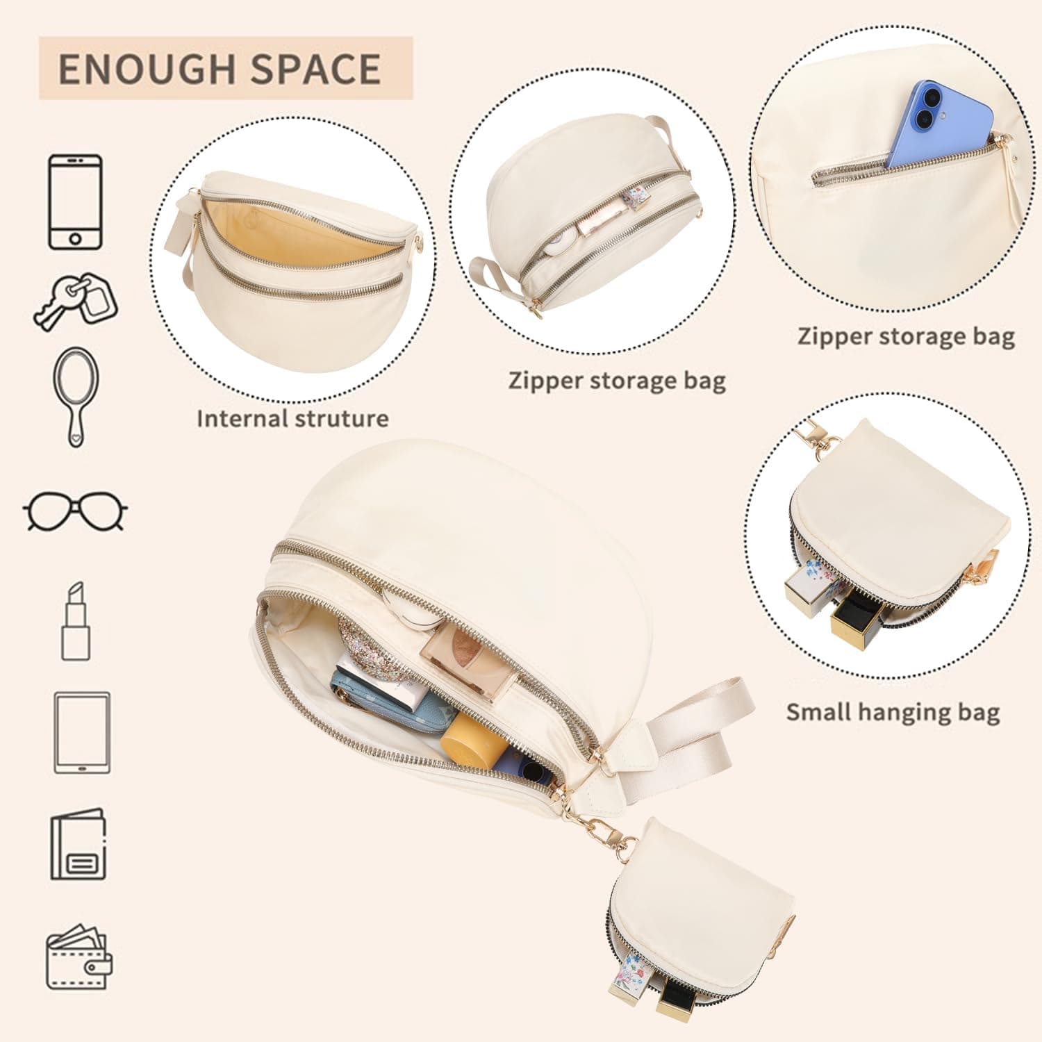 Pallocoo Checkered Crossbody Bag for Women - Nylon Sling Bags with Shoulder Strap, Wallets Purse Handbags (Beige) : Clothing, Shoes &amp; Jewelry thumbnail 5