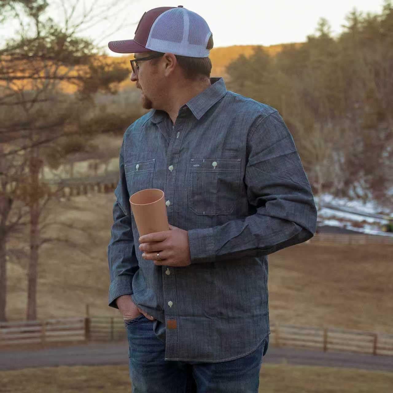 Dubinik Chambray Shirt Men's Cotton Button Up Long Sleeve Denim Blue thumbnail 4