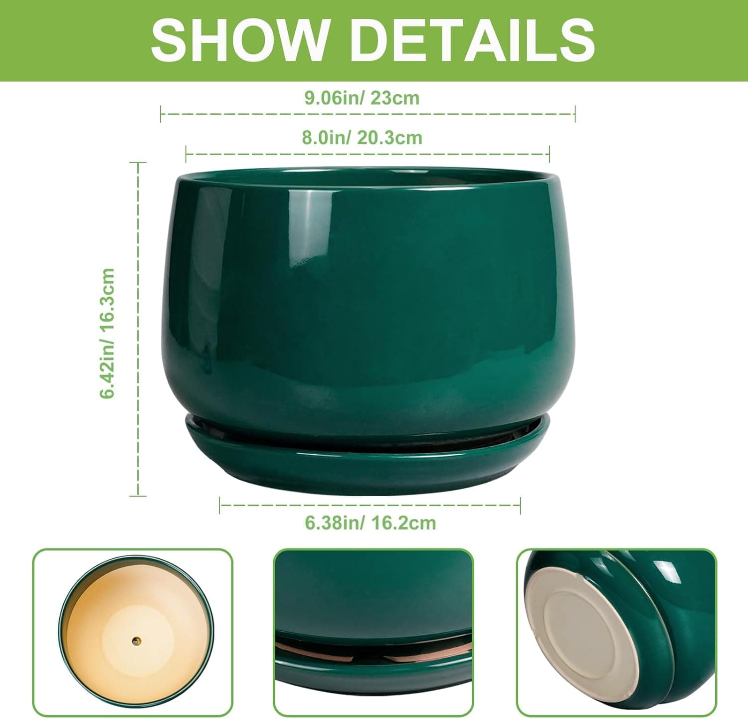 G EPGardening Ceramic Pots for Plants - 9 Inch Ceramic Planter for Indoor Plants, Round Planter with Drainage and Saucer, Modern Flower Pots for Outdoor, House Decor, Garden Gifts, Green : Everything Else thumbnail 3