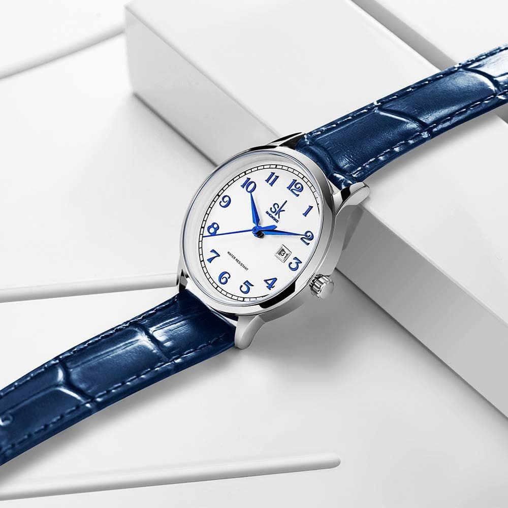 SHENGKE SK Classic Business Women Watches with Stainless Steel Band and Genuine Leather Elegant Ladies Calendar Watch (Arabic Number-Blue Leather) : Clothing, Shoes &amp; Jewelry thumbnail 4