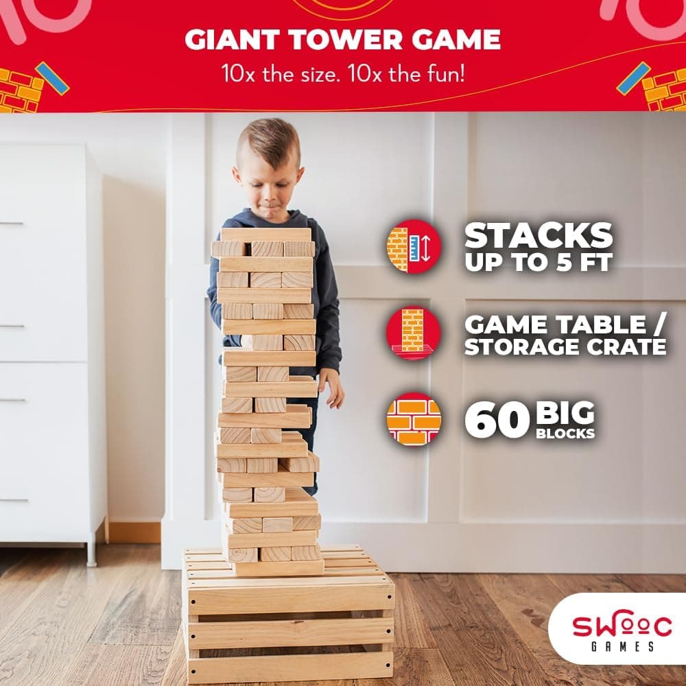 SWOOC Games - Premium Giant Tower Game | 60 Blocks + Storage Crate/Outdoor Table | Stacks up to 5ft | Jumbo Yard Games for Adults and Family | Giant Outdoor Set | Big Backyard Fun | Large Lawn Size : Toys &amp; Games thumbnail 2