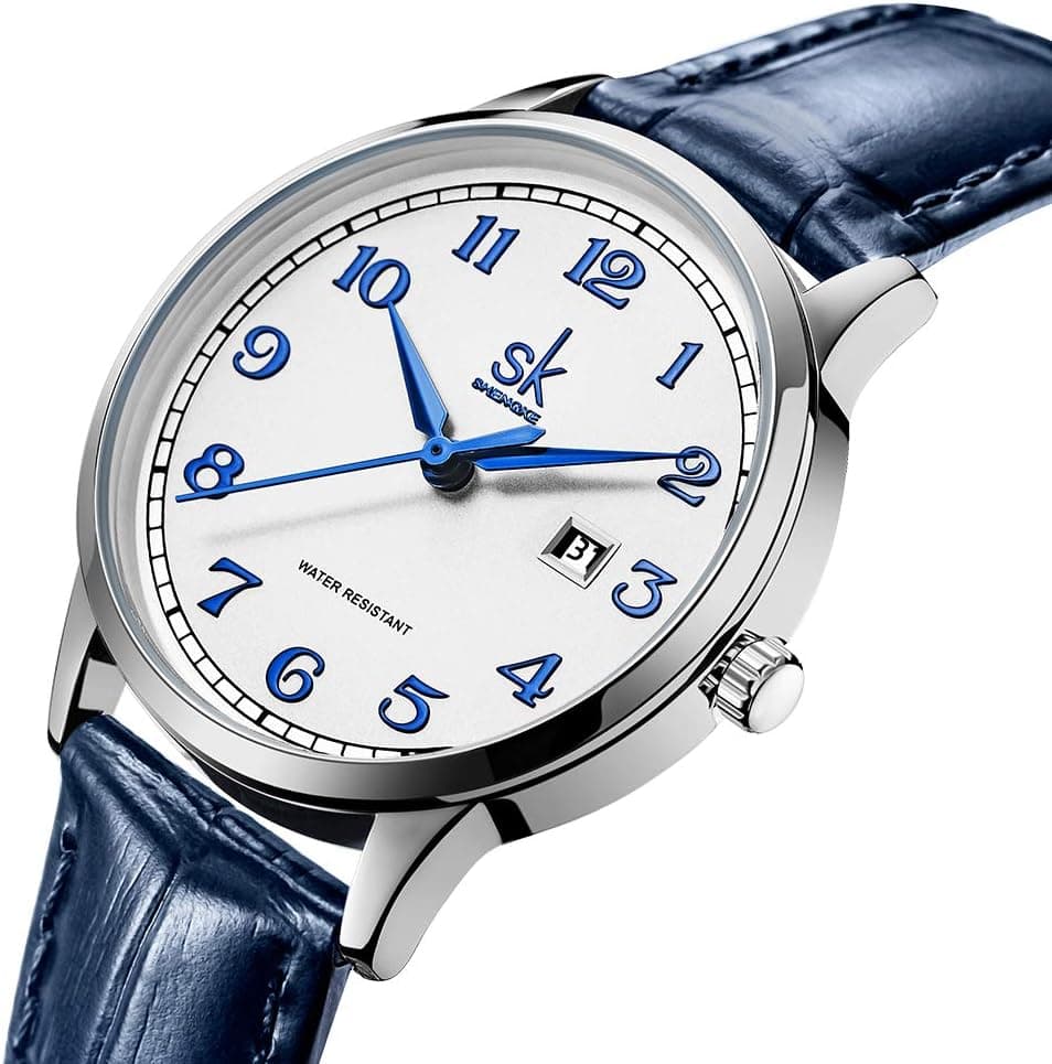 SHENGKE SK Classic Business Women Watches with Stainless Steel Band and Genuine Leather Elegant Ladies Calendar Watch (Arabic Number-Blue Leather) : Clothing, Shoes &amp; Jewelry thumbnail 2