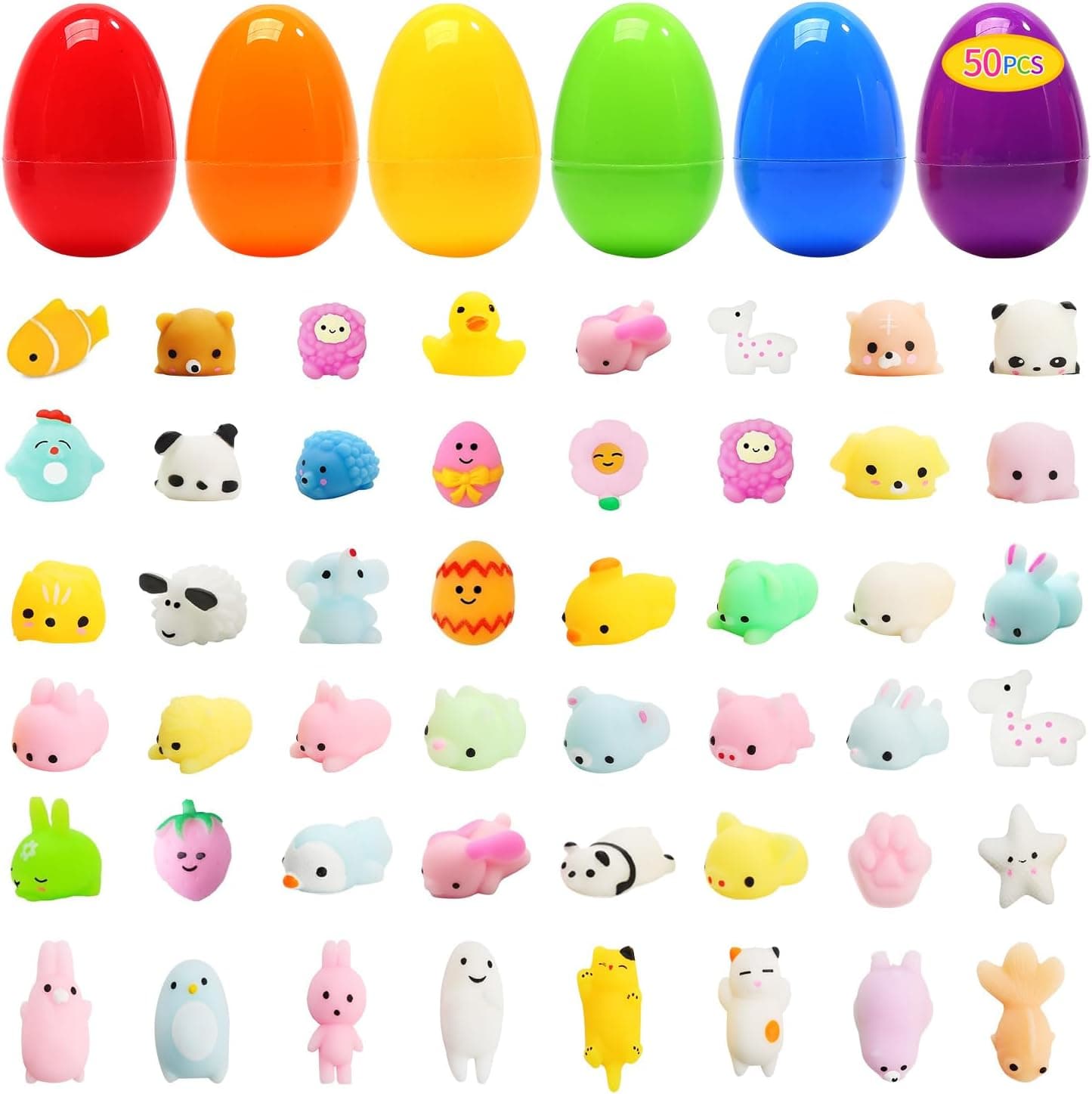 50 PCs Filled Easter Eggs with Mochi Squishy Toys, Squeeze Kawaii Animals Stress Relief Toys, Party Favors Classroom Prize Gift for Boys and Girls : Toys &amp; Games image 1