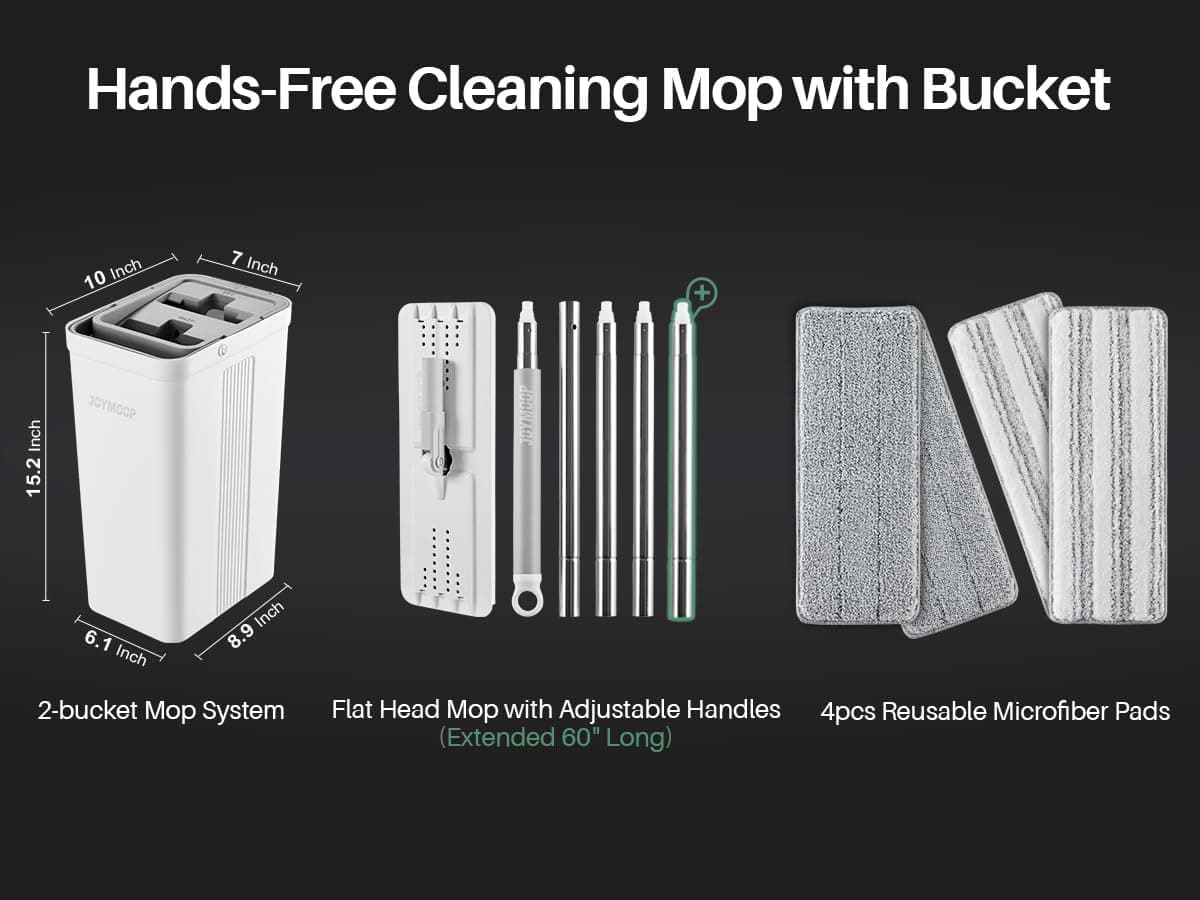 JOYMOOP Mop and Bucket Set with Wringer, Flat Mops for Floor Cleaning, Wall Mop Cleaner with Long Handle, Hardwood Floor Mop with 4 Microfiber Pads : Health &amp; Household thumbnail 4