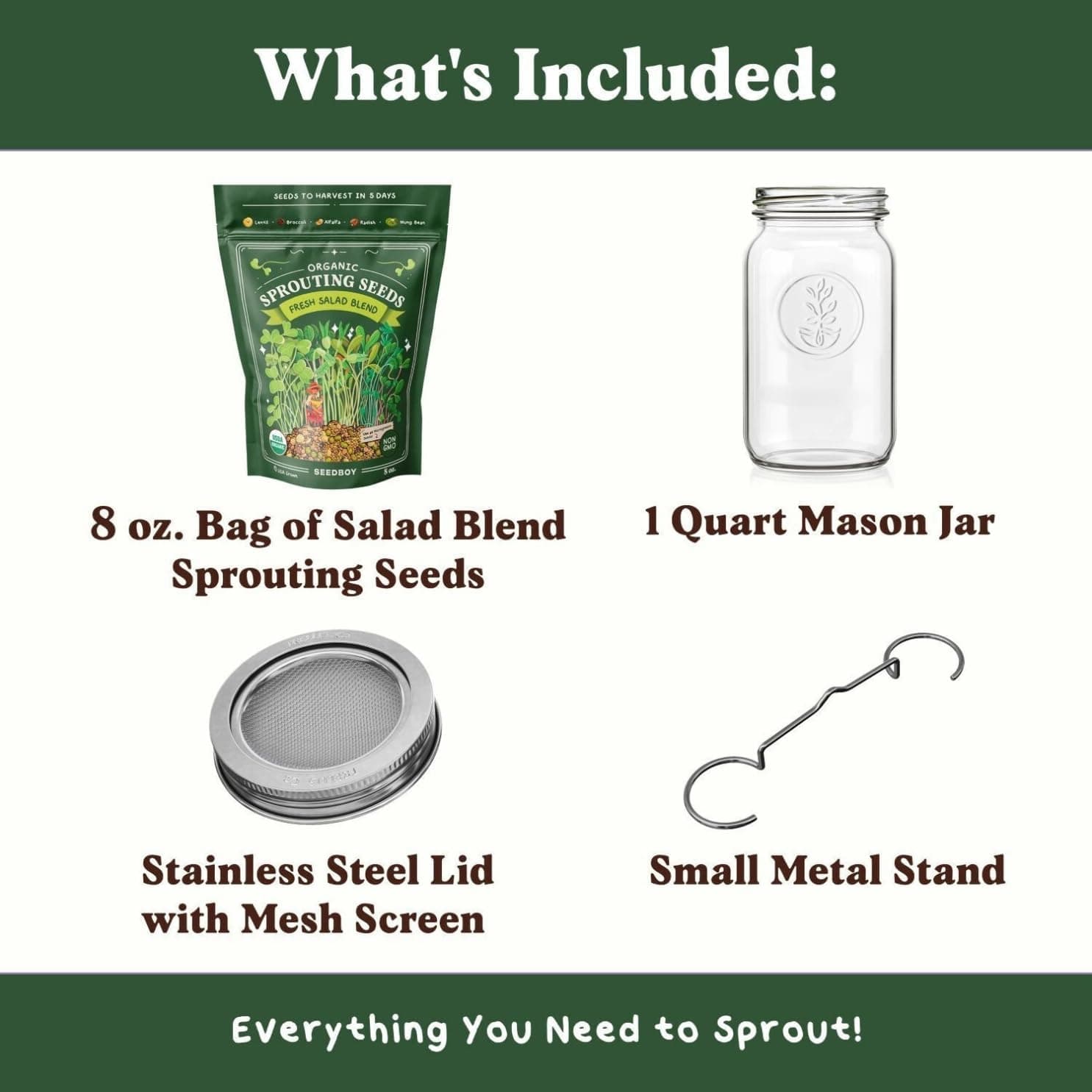 Seedboy Organic Non-GMO Fresh Salad Blend Sprouting Seeds &amp; Kit – Includes Jar, Lid &amp; Stand – USA Grown Microgreens Mix – 8 oz Bag Makes 24 Servings (Sprouting Jar/Salad Blend) : Patio, Lawn &amp; Garden thumbnail 2