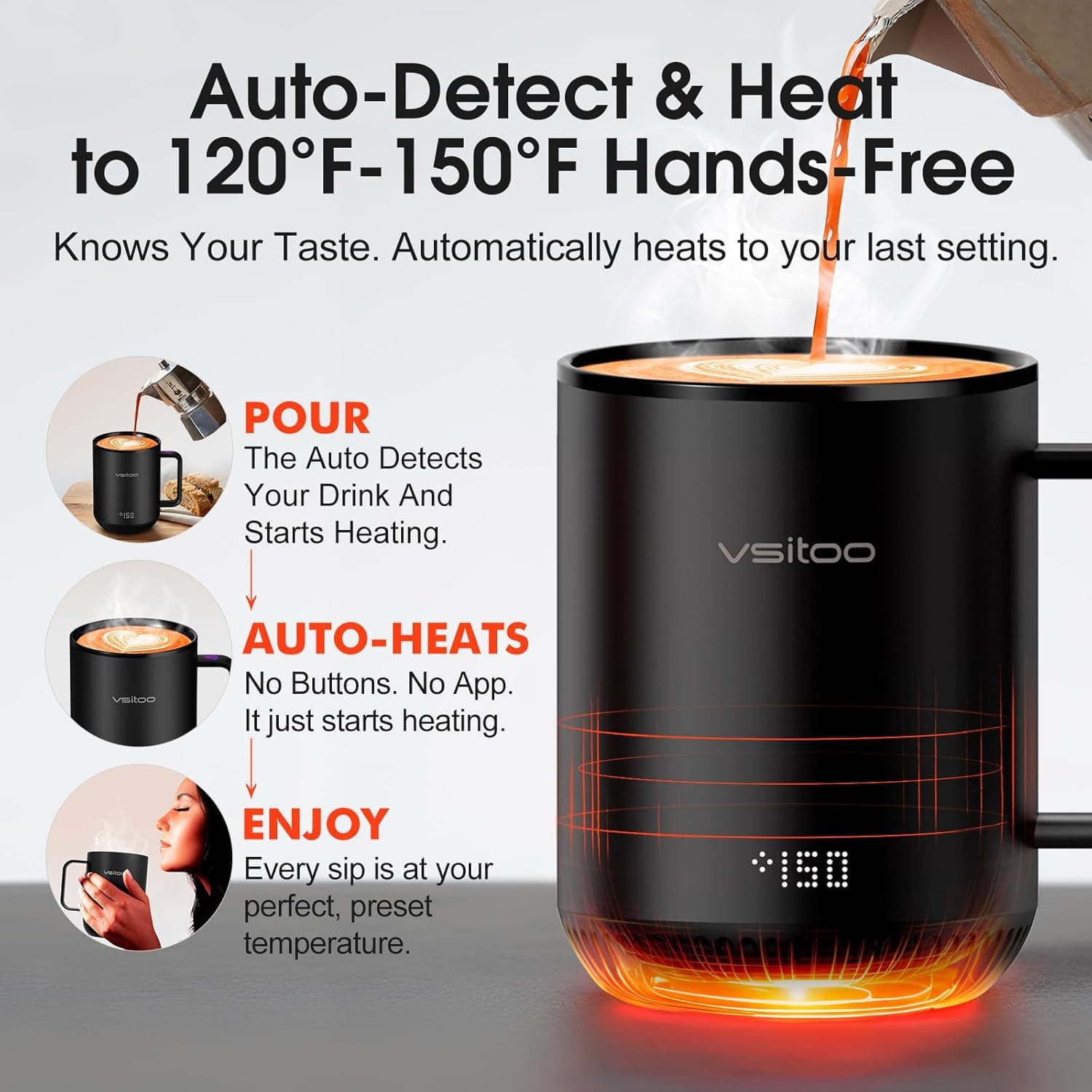 Vsitoo S3 Heated Smart Mug - 12oz Temperature Control Mug Warmer thumbnail 2