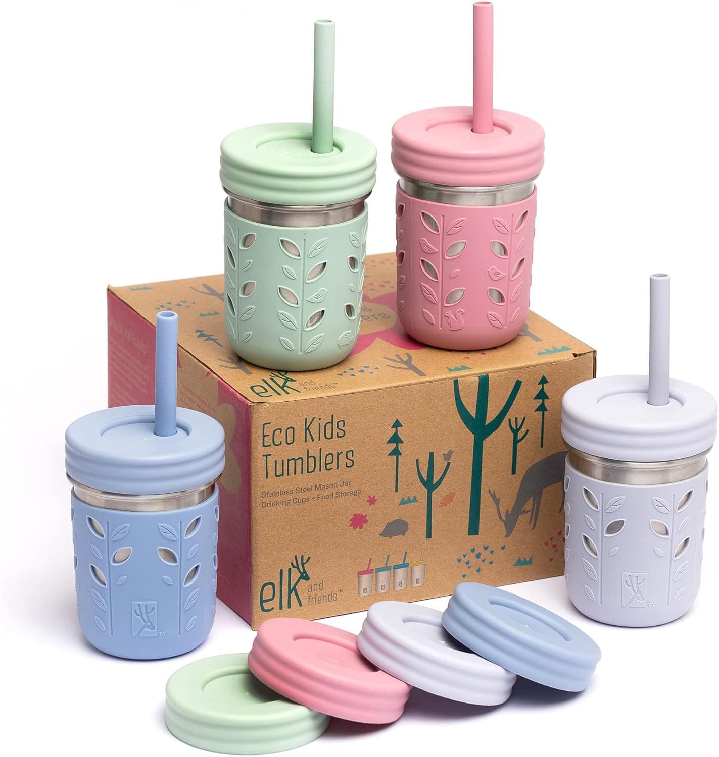 Elk and Friends 10oz Stainless Steel Kids' Drinking Cups with Sleeves and Silicone Straws - 4 Pack image 1