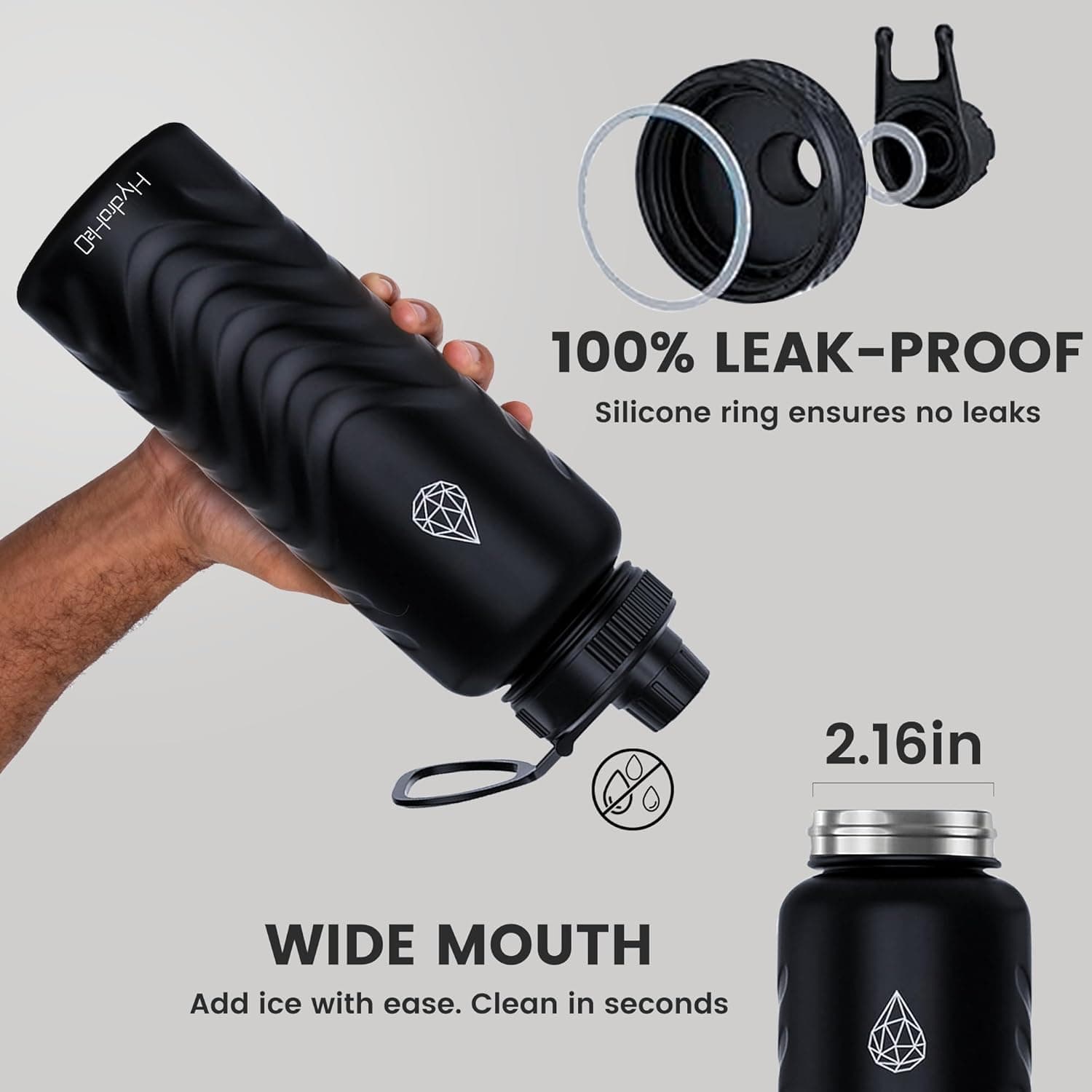 24oz Stainless Steel Insulated Water Bottle, 48H Cold &amp; 24H Hot, Leak-Proof Wide Mouth Lids (Straw &amp; Spout), BPA-Free Bottles, Mens Water Bottle for Gym, Hiking, Travel - Black : Sports &amp; Outdoors thumbnail 4