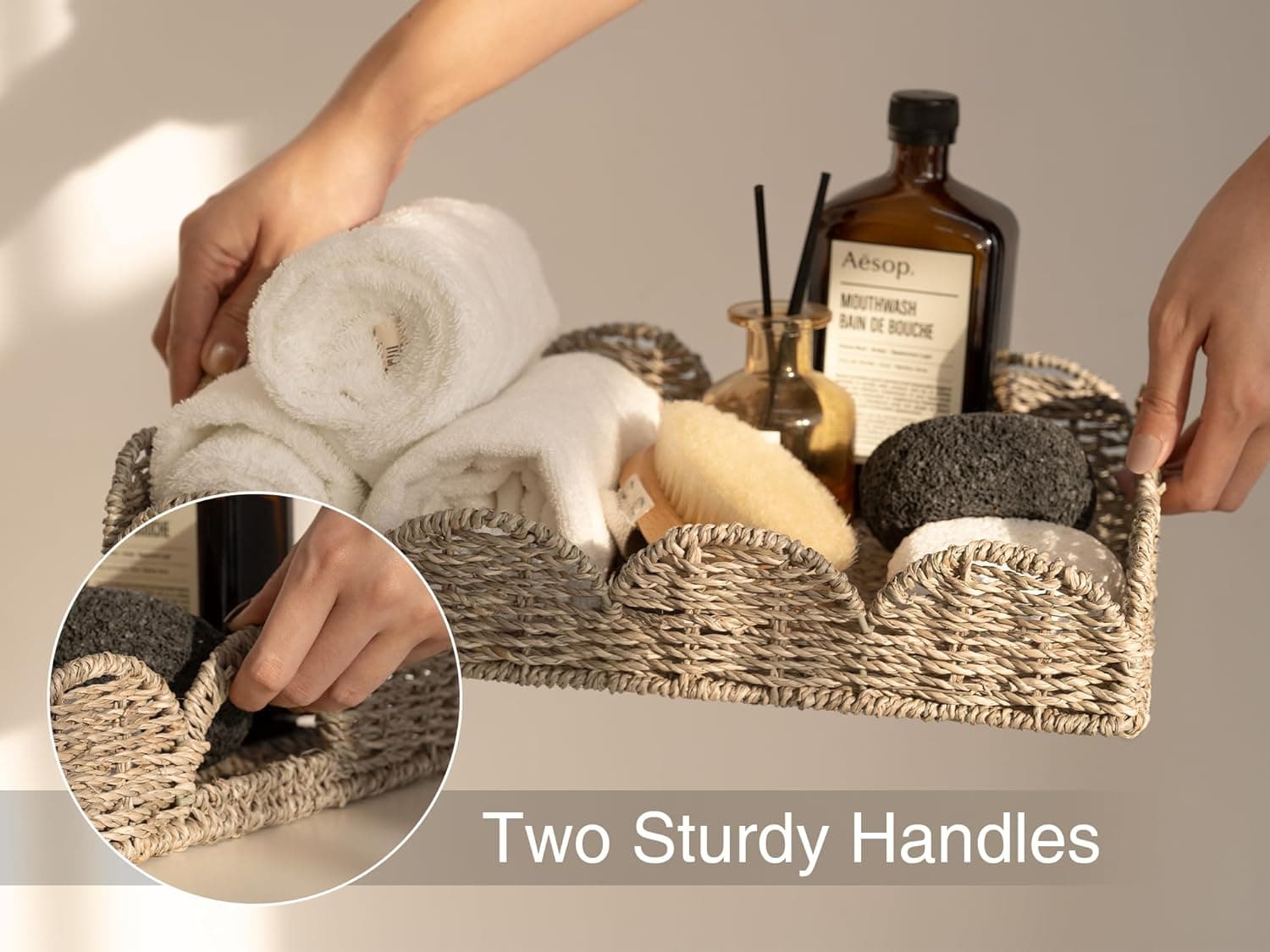 StorageWorks Rectangle Wicker Scalloped Tray, Rattan Serving Trays with Handles, Seagrass Basket for Decorative &amp; Organizing, 15.75" L x 11.5" W x 2.75" H : Home &amp; Kitchen thumbnail 5