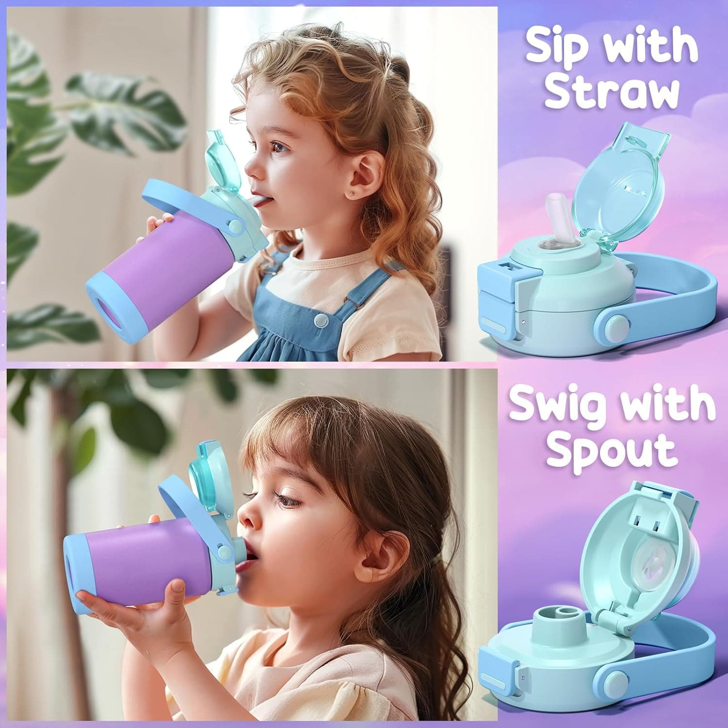 Kids Insulated Water Bottle with Pop-Open Straw & Spout 2-in-1 Lid, 18oz thumbnail 3