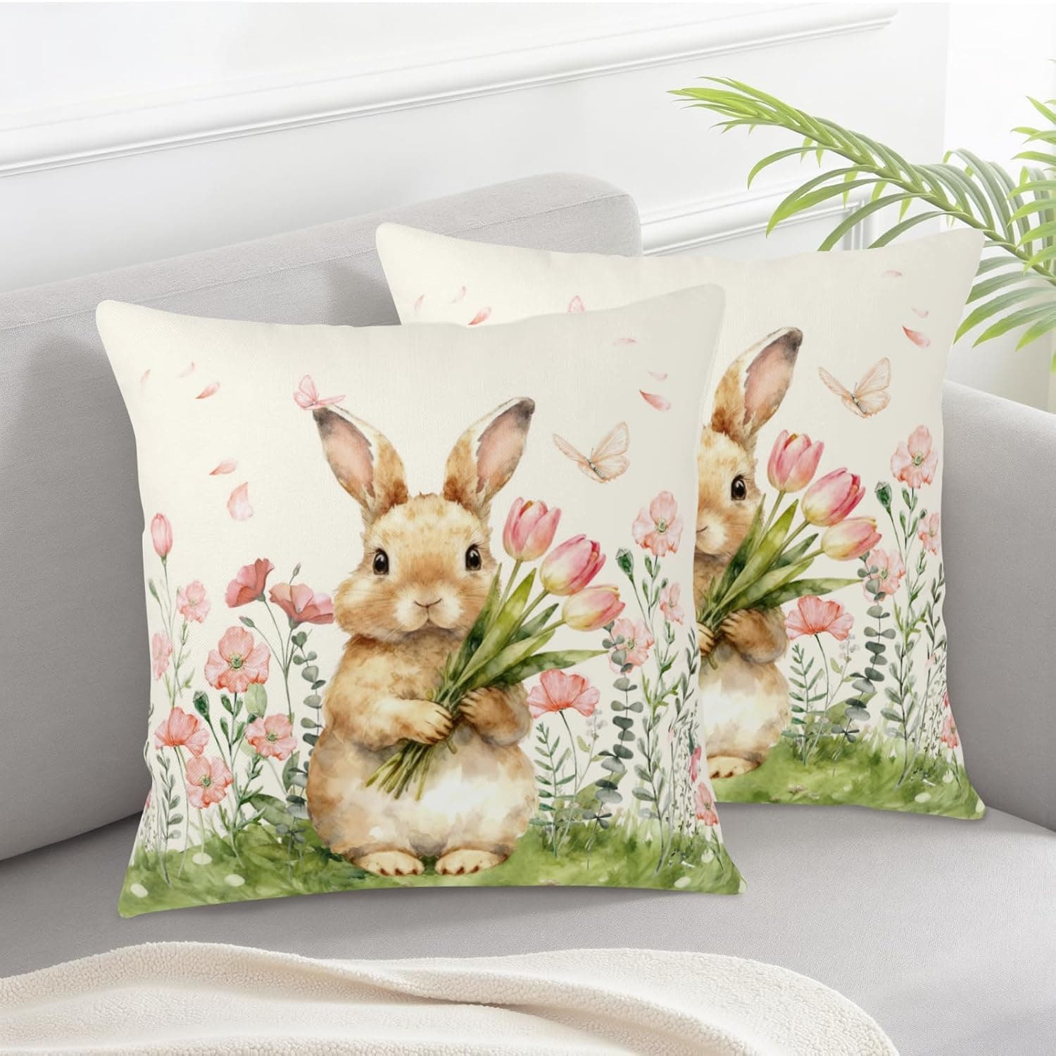 Wnoesat Easter Bunny Outdoor Pillow Covers 18x18 Set of 2 Watercolor Pink Flowers Pillows Cases Farmhouse Rabbit Floral Pillowcase for Sofa Couch Home Decor : Home &amp; Kitchen thumbnail 2