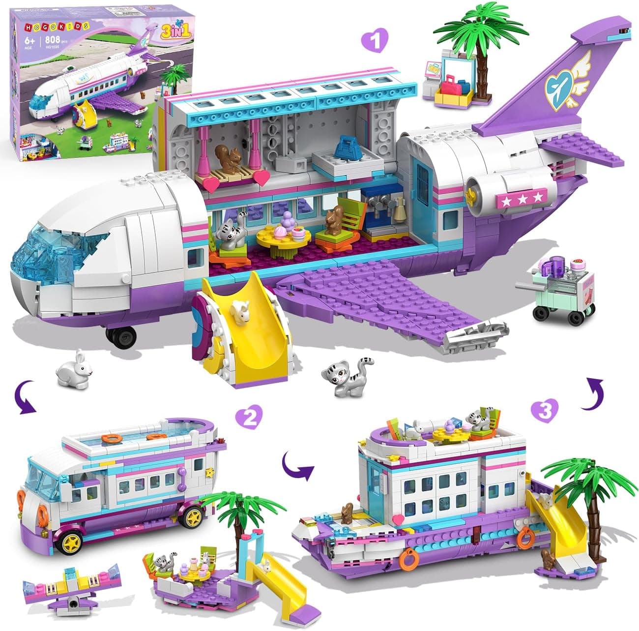 HOGOKIDS 3-in-1 Friends Airplane Building Toy Set - 808PCS Plane/Boat/Camper Van Building Toys with Cute 6 Mini Animals, Slide, Fun Accessories and Stickers, Birthday Gifts for Girls Boys Age 8-12+ : Toys &amp; Games — Easter Gifts gift idea