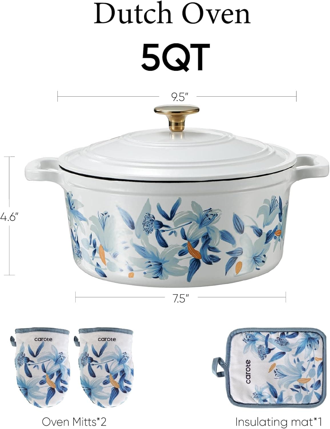 CAROTE 5 QT Enameled Cast Iron Dutch Oven with Lid - White & Blue thumbnail 2