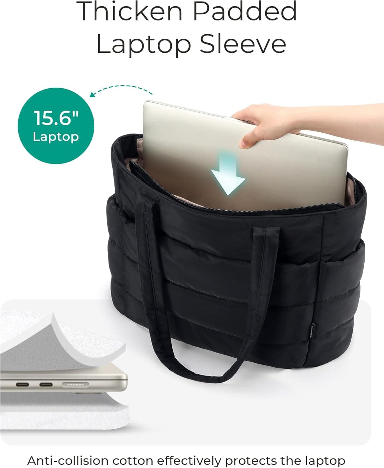 BAGSMART Tote Bag for Women, Lightweight Puffy Tote Bag with Compartments Shoulder Bag Handbag Quilted Shoulder Bag Handbag for Travel, Work, Beach, Gym, Shop (Black) : Clothing, Shoes &amp; Jewelry thumbnail 4