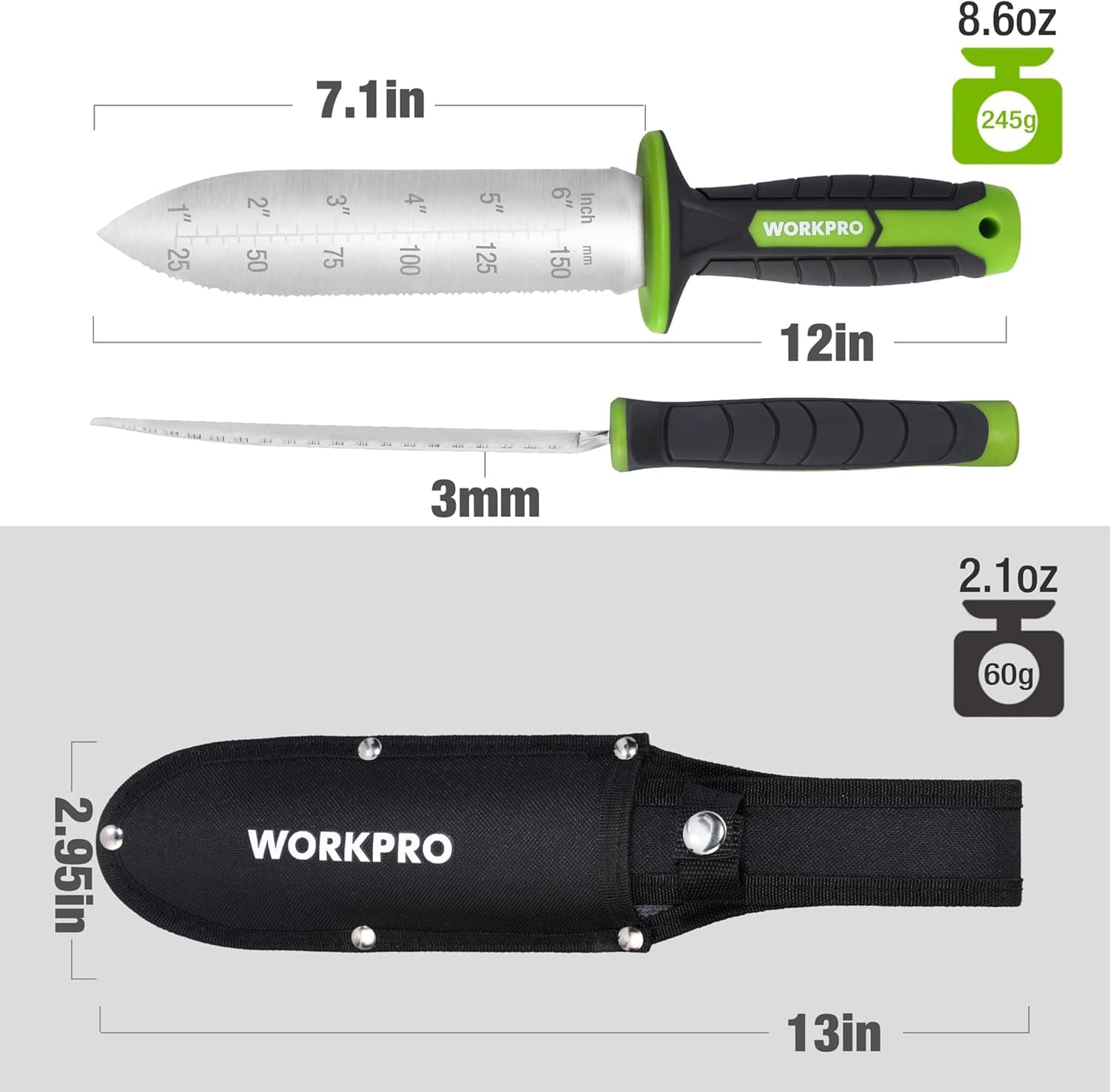 WORKPRO Hori Hori Garden Knife, 7" Stainless Steel Blade with Cutting Edge, Garden Tools with Oxford Sheath, Ergonomic TRP Handle with Hanging Hole for Weeding, Planting, Digging, Green : Patio, Lawn &amp; Garden thumbnail 3