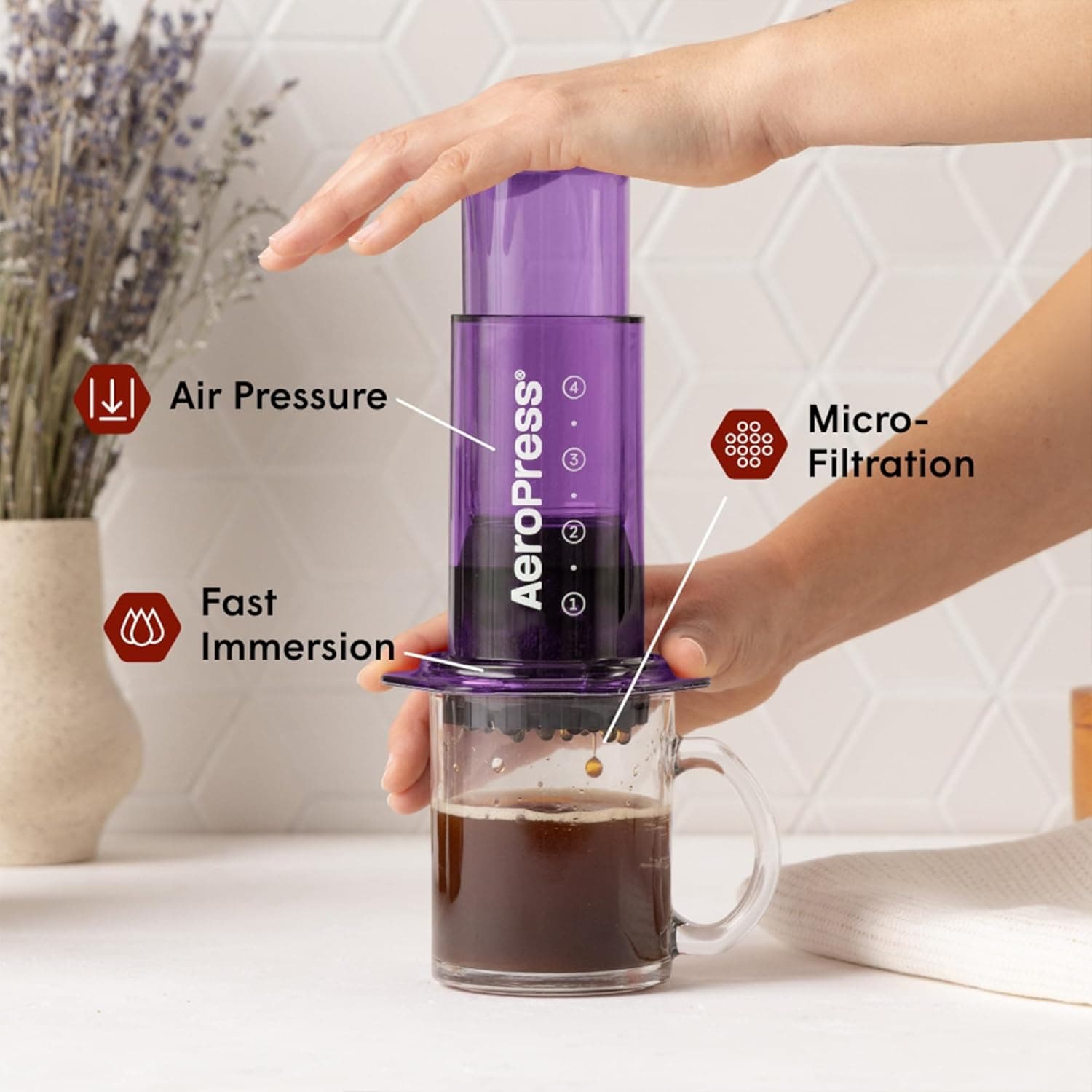 AeroPress Clear Purple Coffee Press - All-in-One French Press, Pour-Over &amp; Espresso Style Manual Brewer, 2 Min Brew for Less Bitterness, More Flavor, Small Portable Coffee Maker, Travel &amp; Camping: Home &amp; Kitchen thumbnail 2