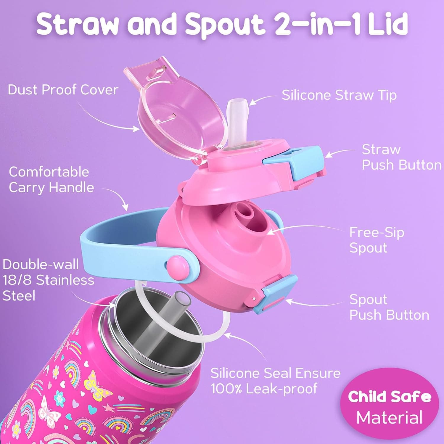 Kids Insulated Water Bottle with Pop-Open Straw & Spout 2-in-1 Lid, 18oz thumbnail 2