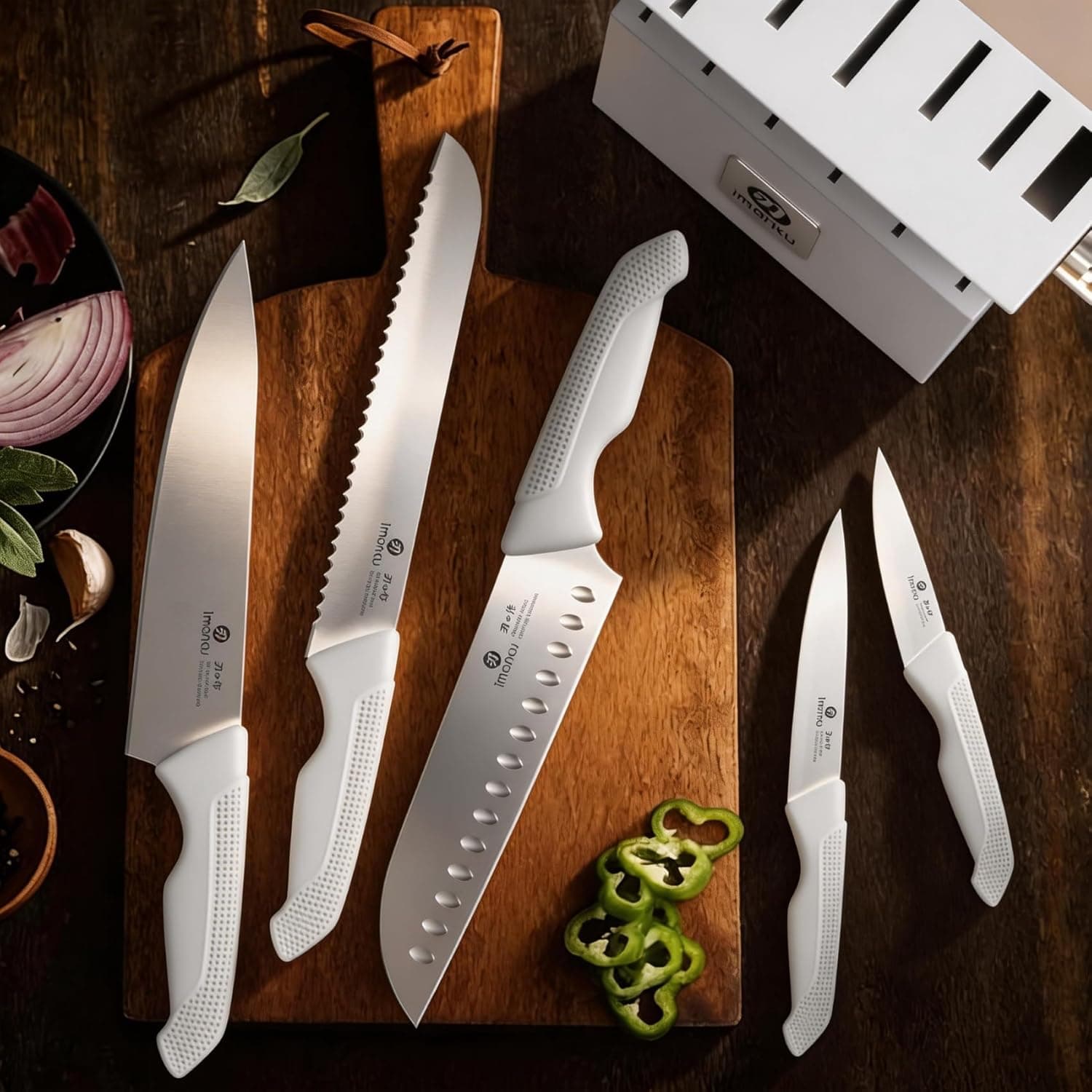 imarku 14-Piece Kitchen Knife Set, Gray Gyutou Knife Sets with Block and Build-in Sharpener, Ultra-Sharp Steak Knives Set of 6, Ergonomic Handle, Dishwasher Safe, New Apartment Essentials: Home &amp; Kitchen thumbnail 4