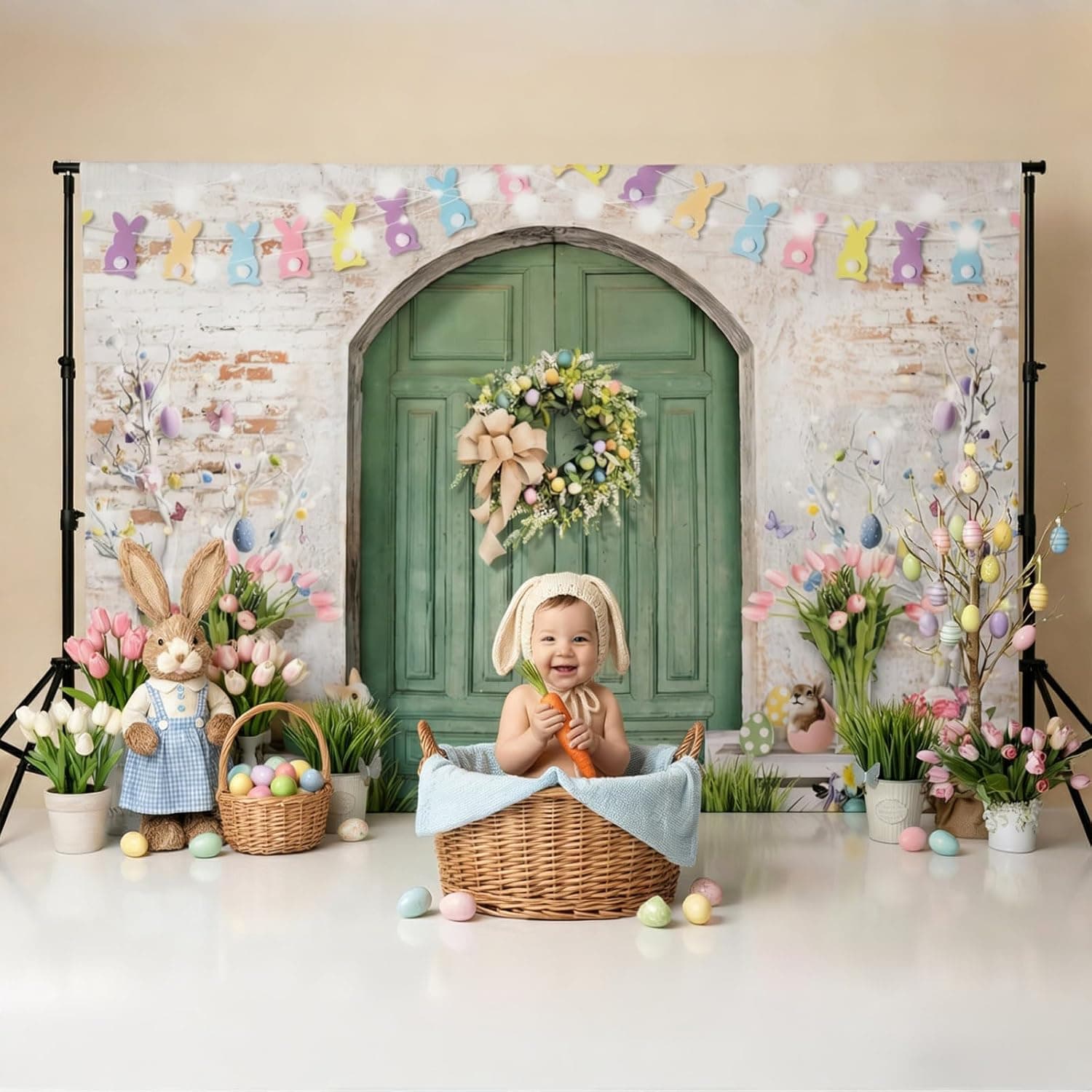 Mocsicka Easter Backdrop - Green Wooden Doors & Bunny Rabbit Design (7x5ft) thumbnail 3