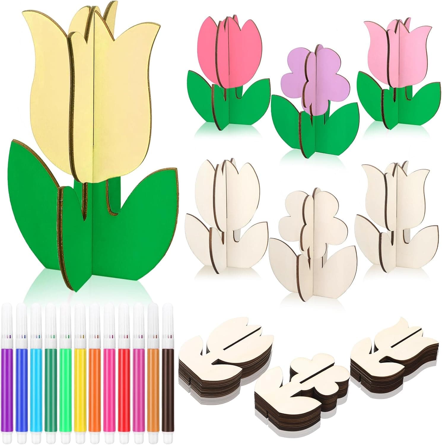 48-Piece Spring Crafts Set with 3D Wooden Flowers and Colored Pens — Easter Gifts gift idea
