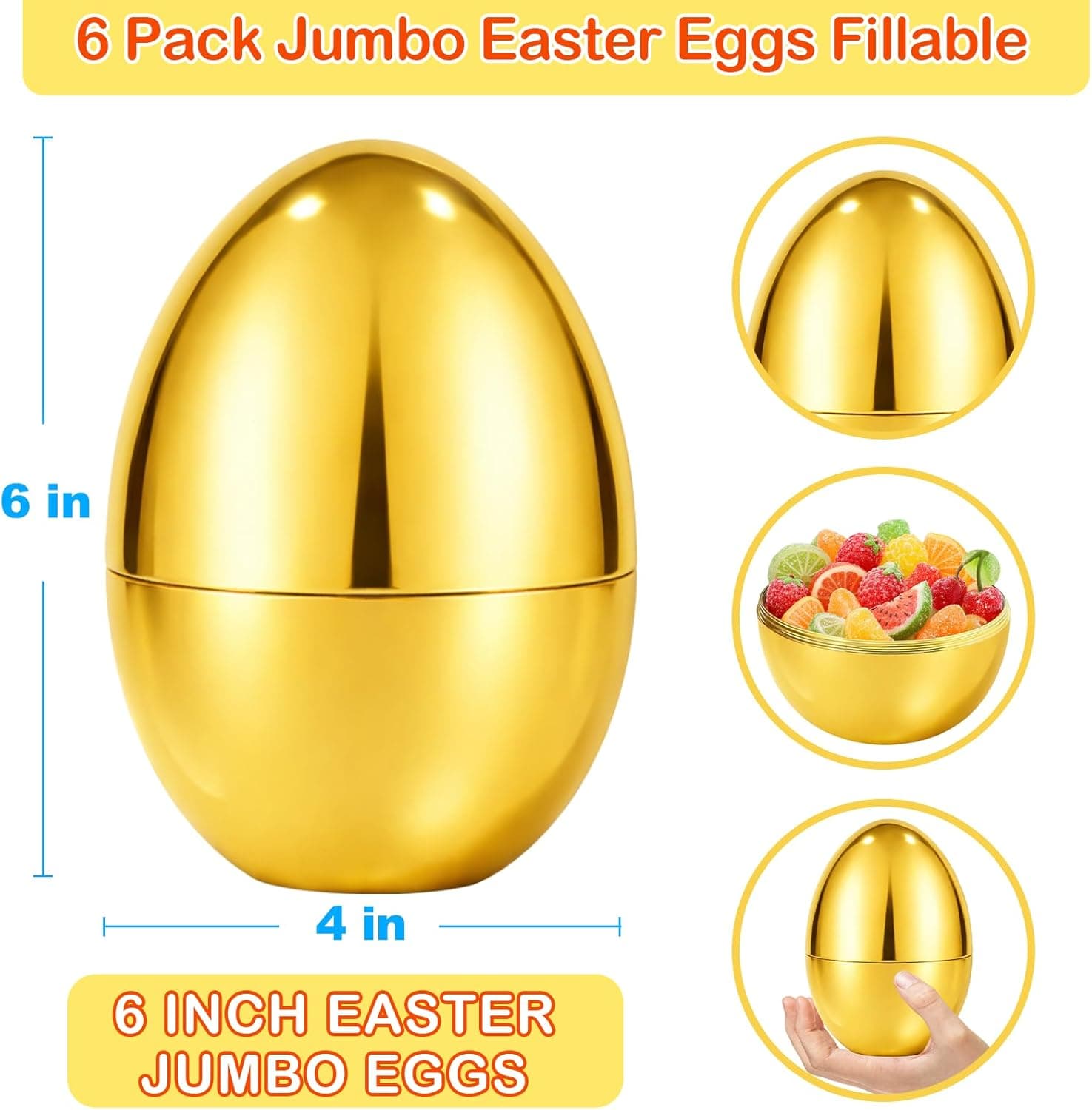 ZICZLI 6 PCS 6" Jumbo Golden Metallic Easter Eggs thumbnail 2