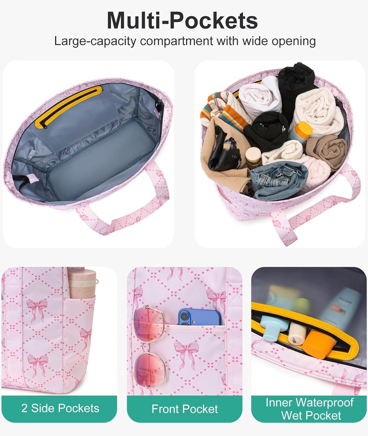 Octsky Large Beach Bags for Women - Waterproof Sandproof Beach Tote with Dual Zipper and Wet Pocket - 3 Outside Pockets - Bow Pink 02 | Travel Totes thumbnail 4