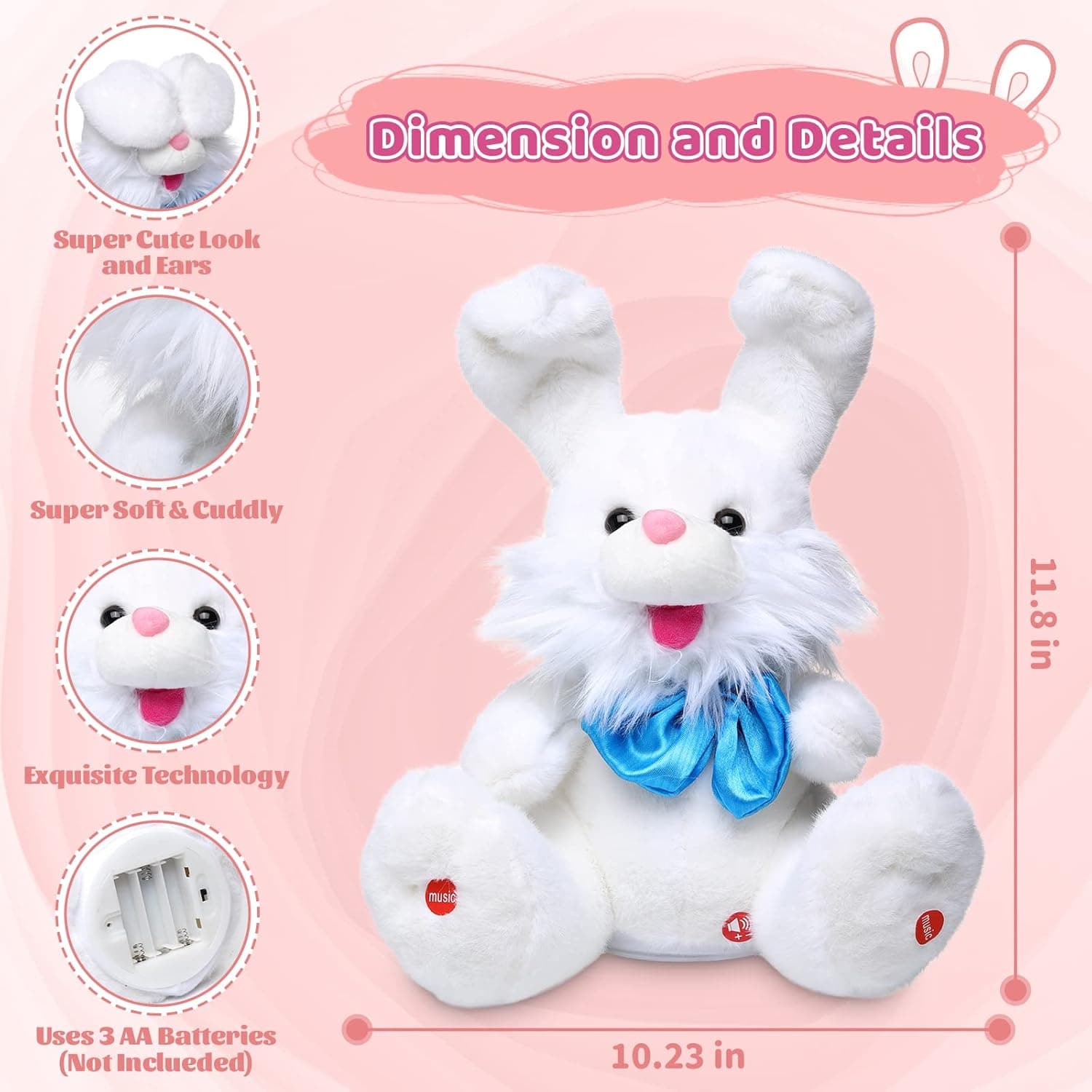 Emoin Easter Bunny Stuffed Animals Bunny Plush Baby Toys Bunny Peek-A-Boo Toys Repeats What You Say Singing with Floppy Ears Birthday Gift for Toddler 7 8 9 10 11 Months 1-2 Year Old（White） : Toys &amp; Games thumbnail 5