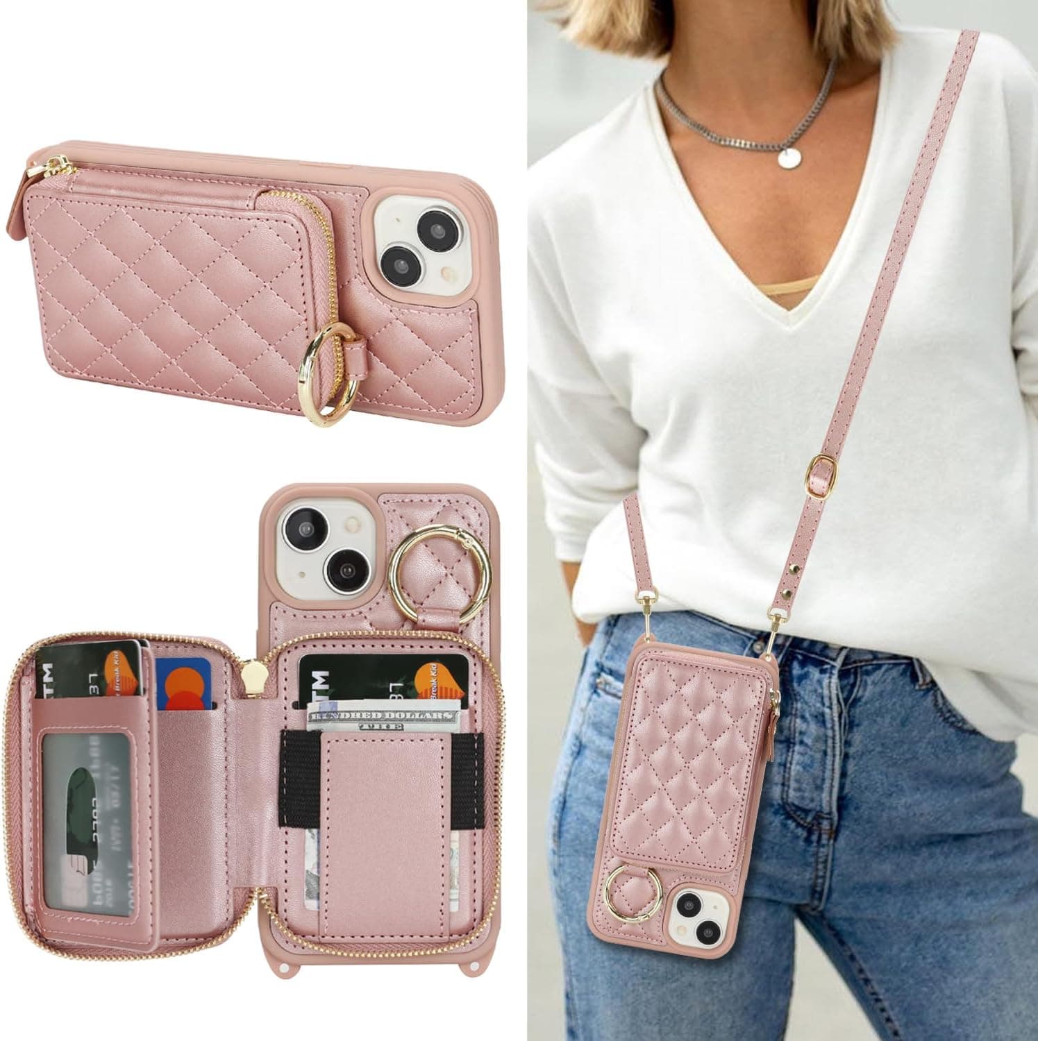 Hamany Crossbody Wallet Case for iPhone 15, PU Leather Zipper Handbag Purse Flip Cover, Kickstand Folio Case with Card Slots Holder Wrist Strap Lanyard 5G 6.1 Inch-Rose Gold : Cell Phones &amp; Accessories image 1