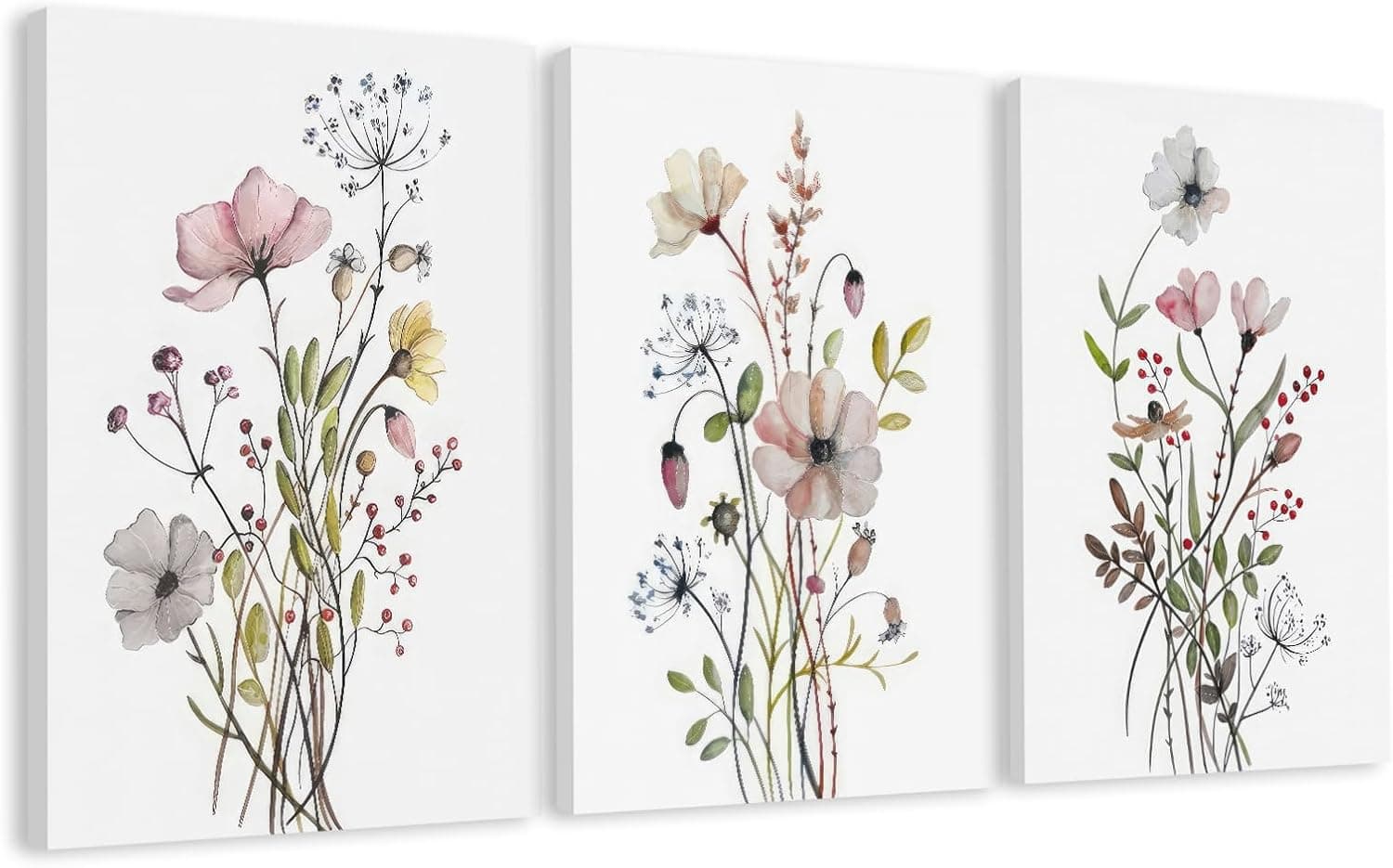 WRFON UnFramed Botanical Canvas Wall Art Set of 3, Watercolor Floral Prints, Framed Flower Wall Decor for Bedroom Bathroom Living Room, 12x16 Inch Each: Posters &amp; Prints image 1