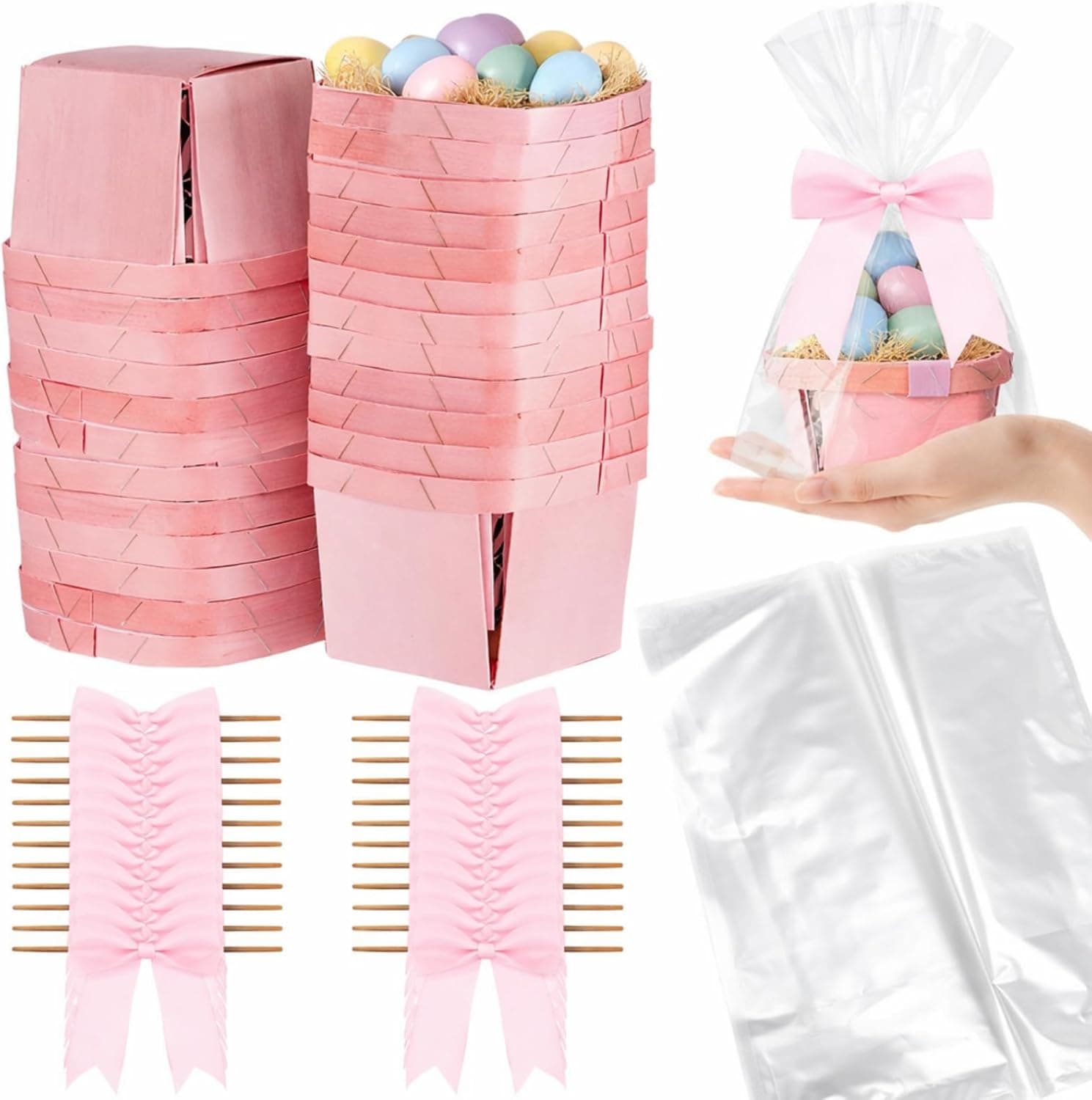 Kigley 24 Set Easter Mini Gift Basket Empty with Bow Wrap Bag Small Easter Goodie Stuffer Baskets Wooden Vented Berry Box with 24 Bags Candy Wedding Party Supply(Pink,4.02 x 2.56 x 2.95 Inches) : Health &amp; Household — Easter Gifts gift idea