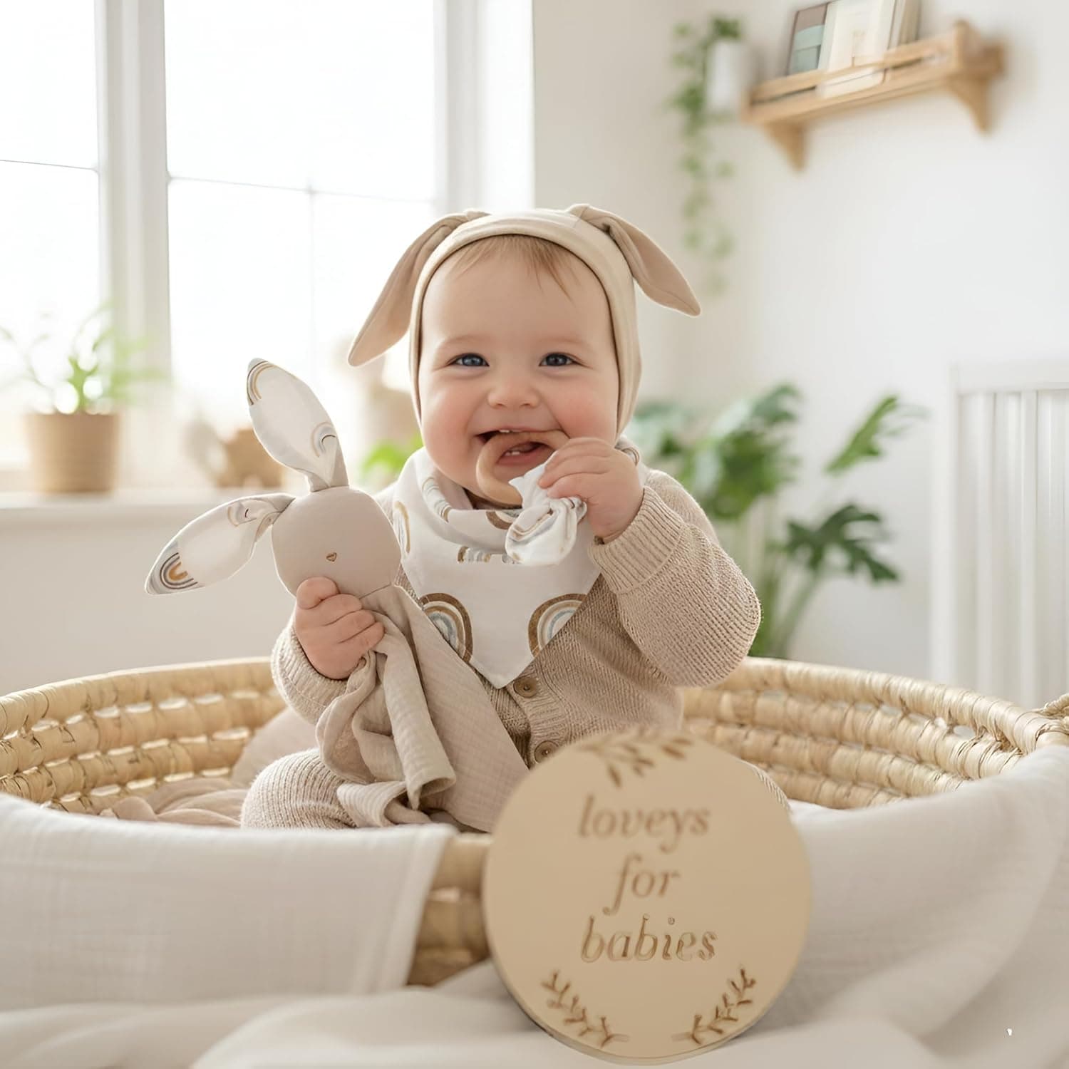 LUCOI Organic Cotton Baby Gift Set – 4 Piece Muslin Bunny Lovey Blanket + Teether Ring + Bandana Bib + Announcement Card | Gender Neutral Newborn Gift Box | Organic Lovey for Babies : Baby thumbnail 5