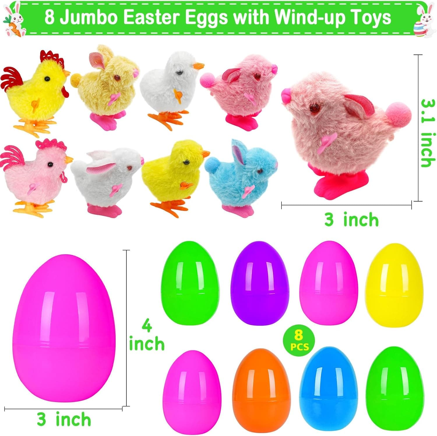 ZICZLI Jumbo 4" Easter Eggs Filled Wind-up Toys, 8 Pack thumbnail 2